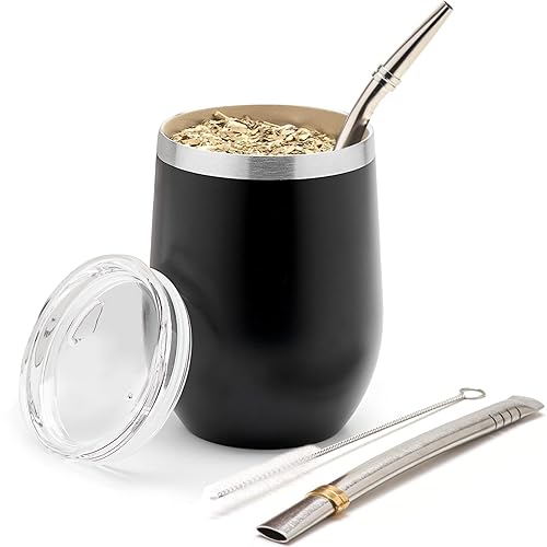 BALIBETOV 5 pcs large Yerba Mate cup and Bombilla Kit  Includes one 12 oz Yerba Mate gourd with Lid  Two Bombillas Mate Straw and one cleaning brush (Black  800)