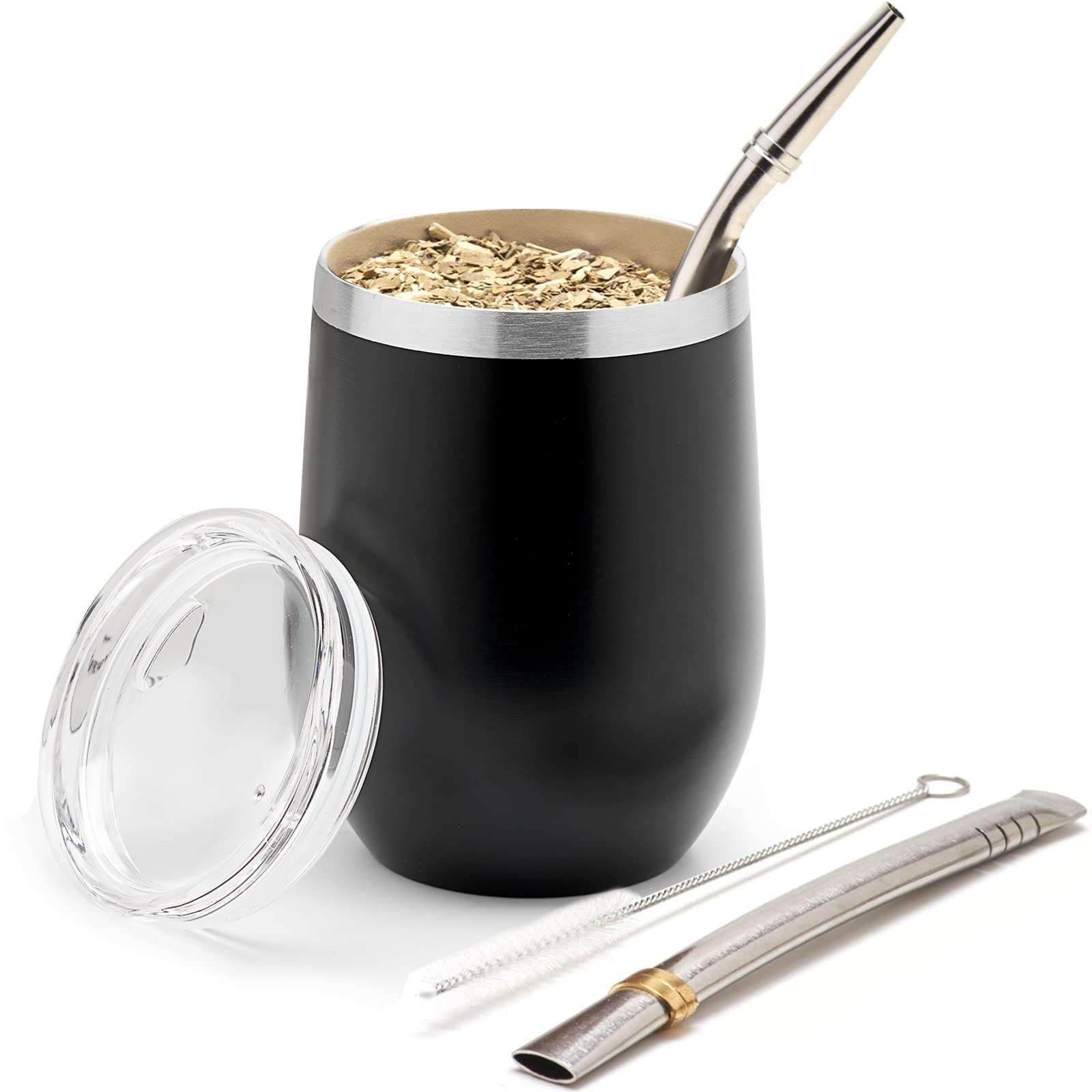 Balibetov 5 Pcs Large Yerba Mate Cup And Bombilla Kit, Includes One 12 Oz Yerba Mate Gourd With Lid, Two Bombillas Mate Straw An