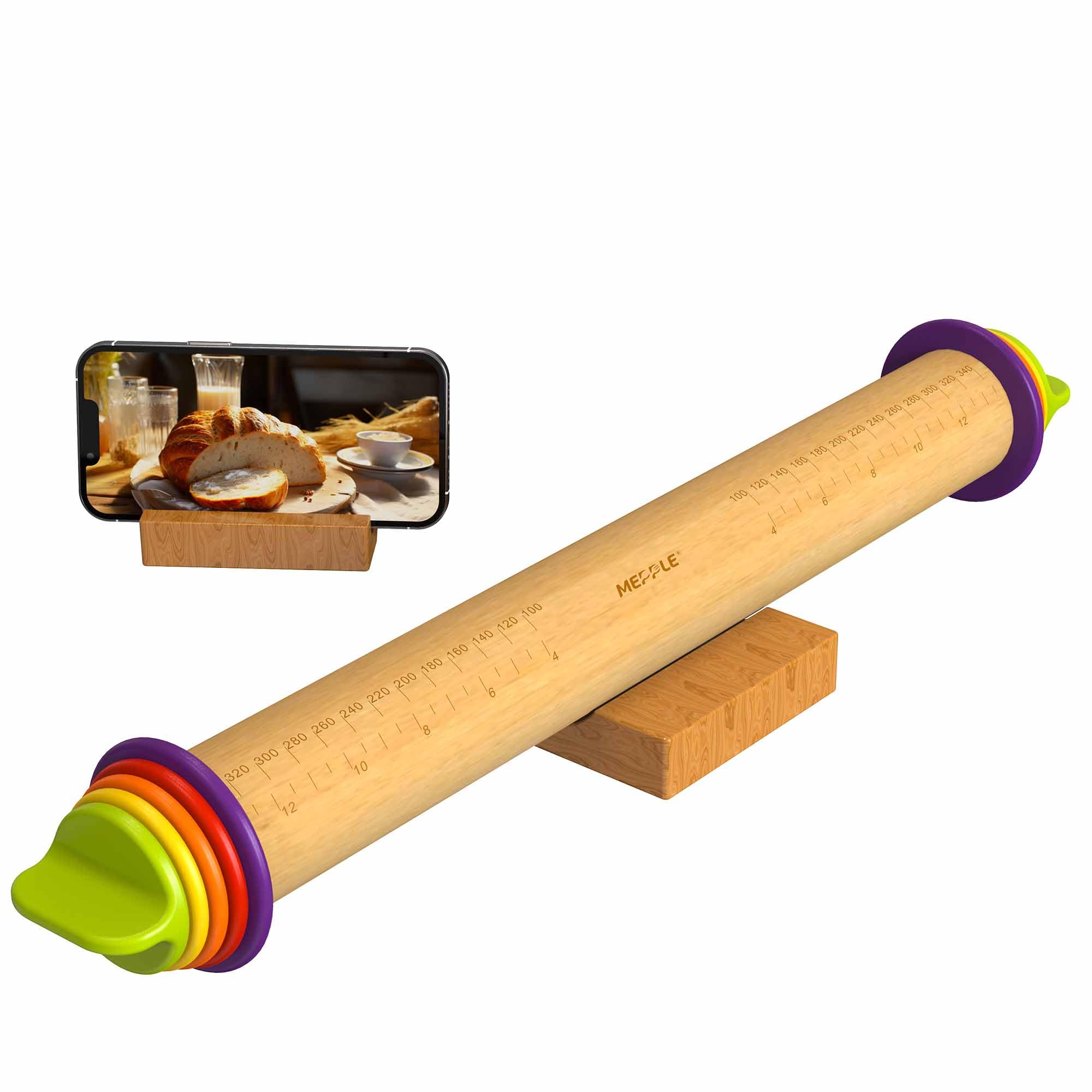 Mepple Rolling Pin With Thickness Rings For Fondant, Pizza, Pie Crust, Cookie, Pastry, Roller Rod For Dough Thickness, Rolling P