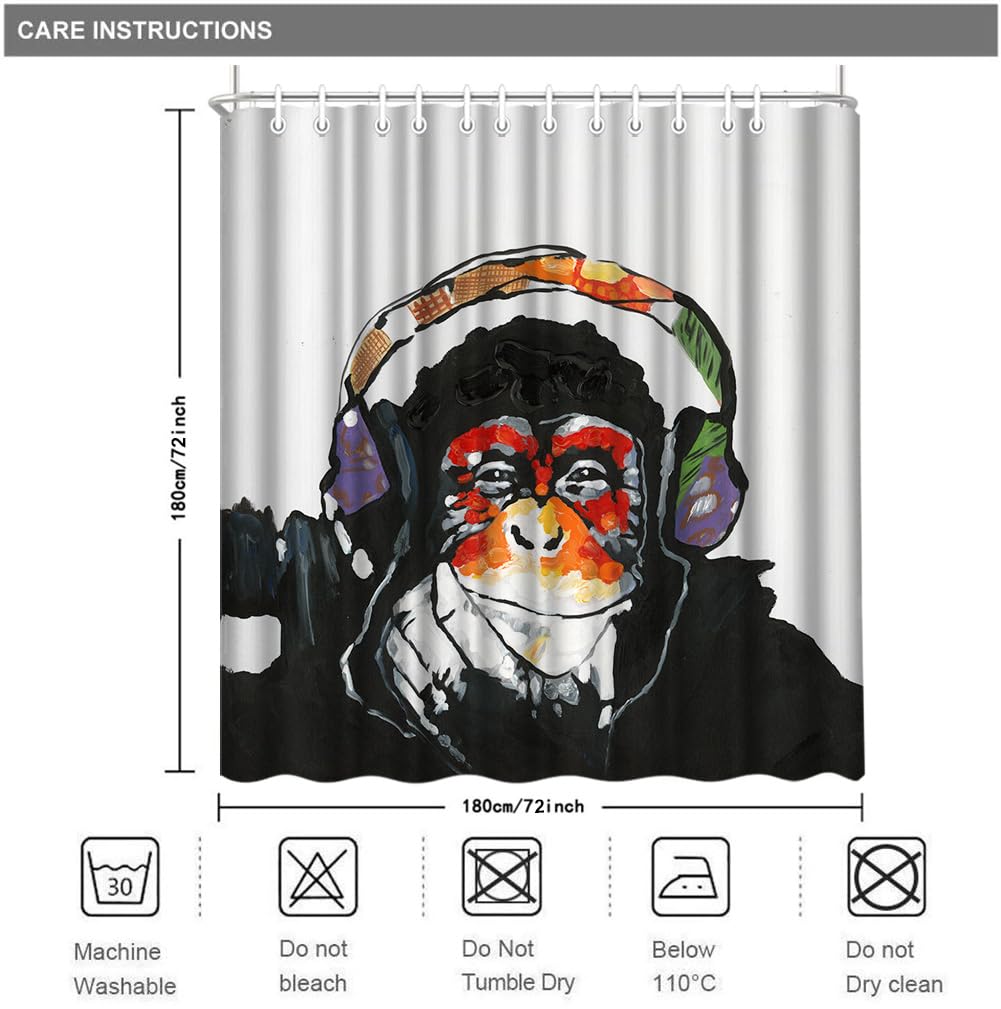 VividHome Monkey Shower Curtains Funny Animal Chimpanzee Portrait with Colorful Headset Waterproof Fabric Bathroom Curtain with Hooks 7272 Inch