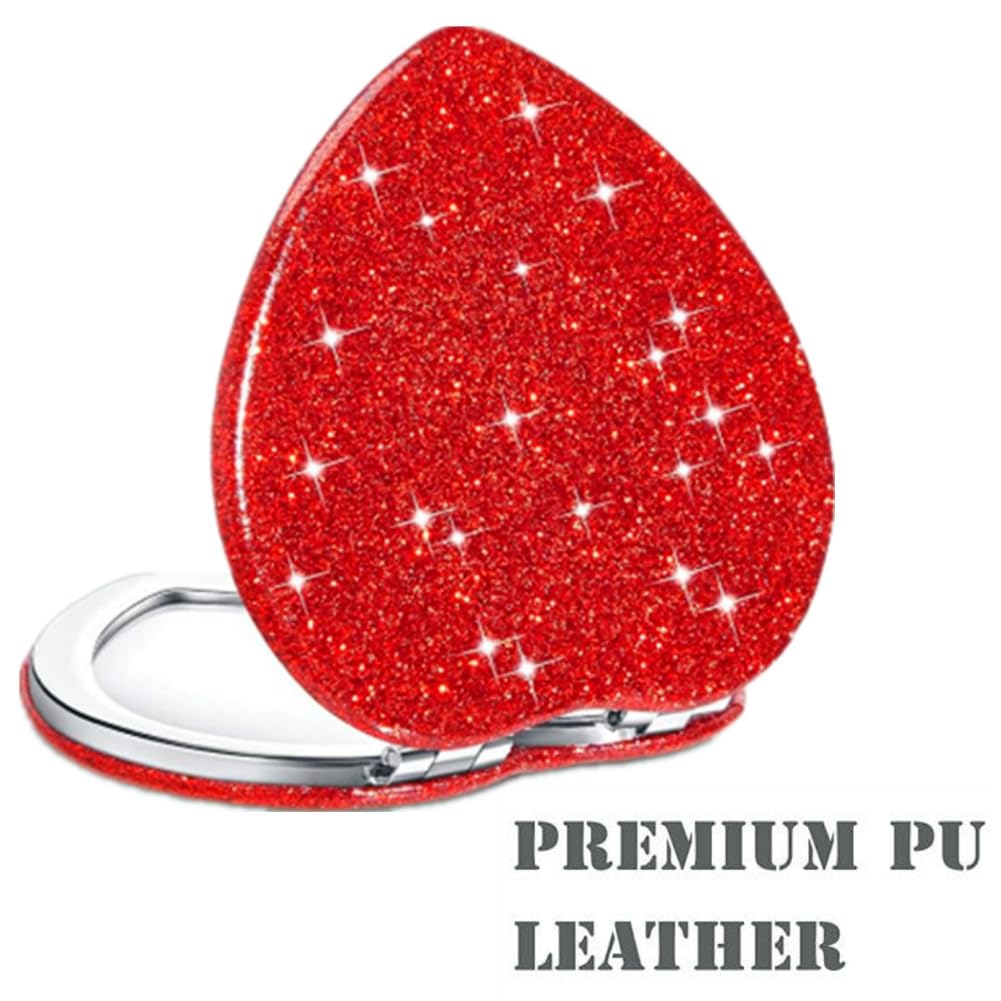 Mpowtech Cute Heart Shaped Compact Mirror For Purse,Red Travel Mirror With Glitter,Leather Small Pocket Mirror,Portable 2 X 1X M