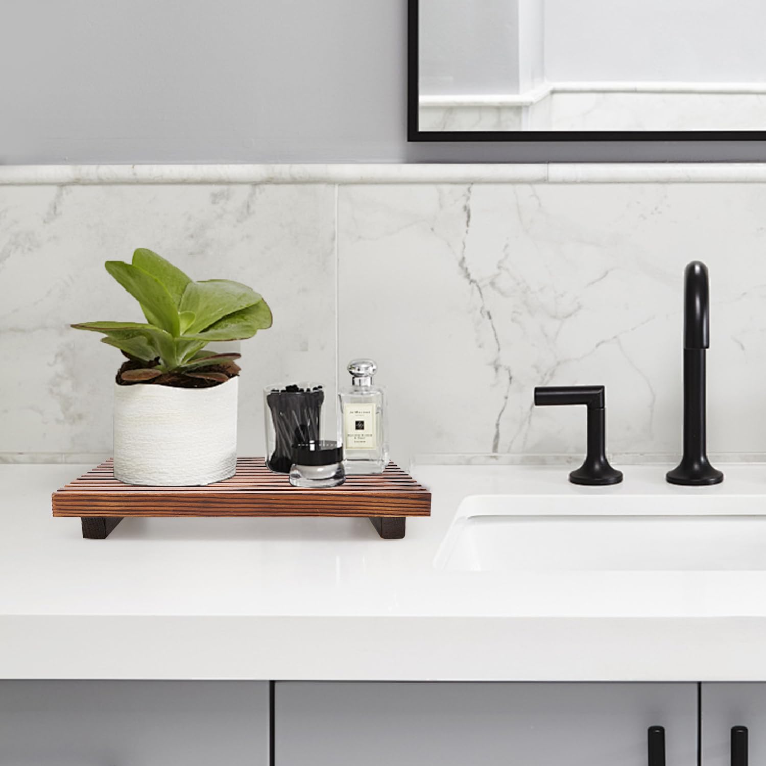 Renawe Farmhouse Bathroom Counter Tray Wood Display Pedesta Stand Kitchen Countertop Trays Decorative Wooden Riser Dish Soap Dis