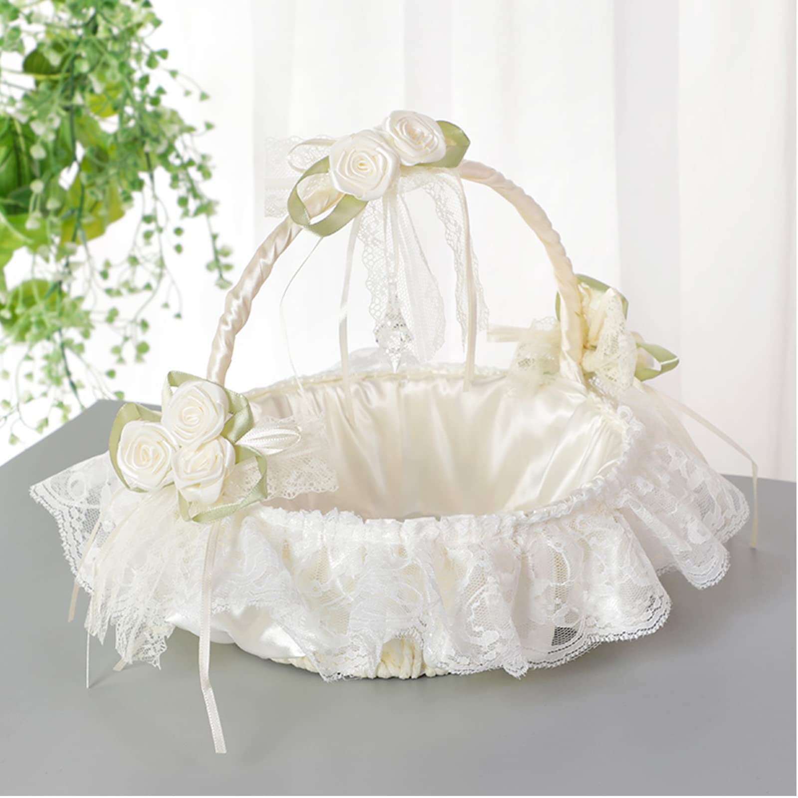 Small Flower Girl Baskets for Weddings, Fairy Lace Bowknot Wedding Flower Basket with Foldable Handle and Rhinestone Lvory Satin