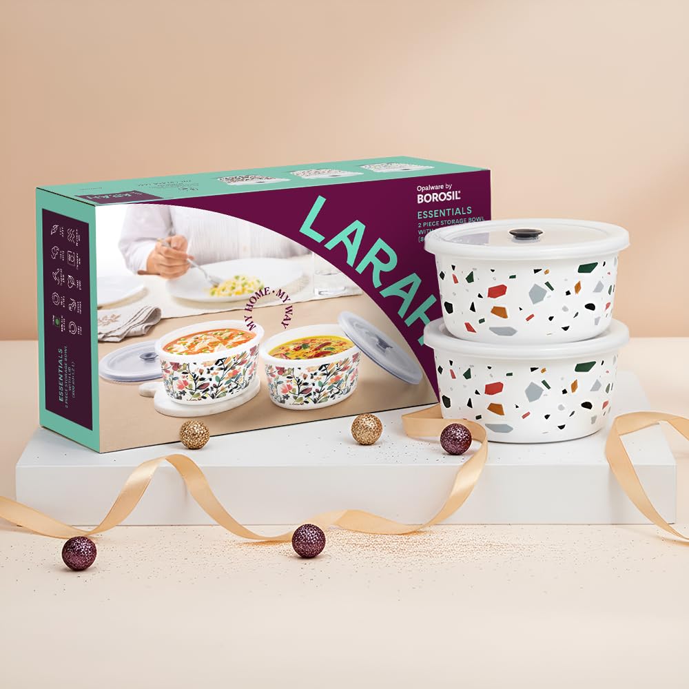 Larah By Borosil 2Pc Storage Bowl With Lid, Opalware Kitchen Storage Container, Microwave & Dishwasher Safe (Confetti, 800Ml)