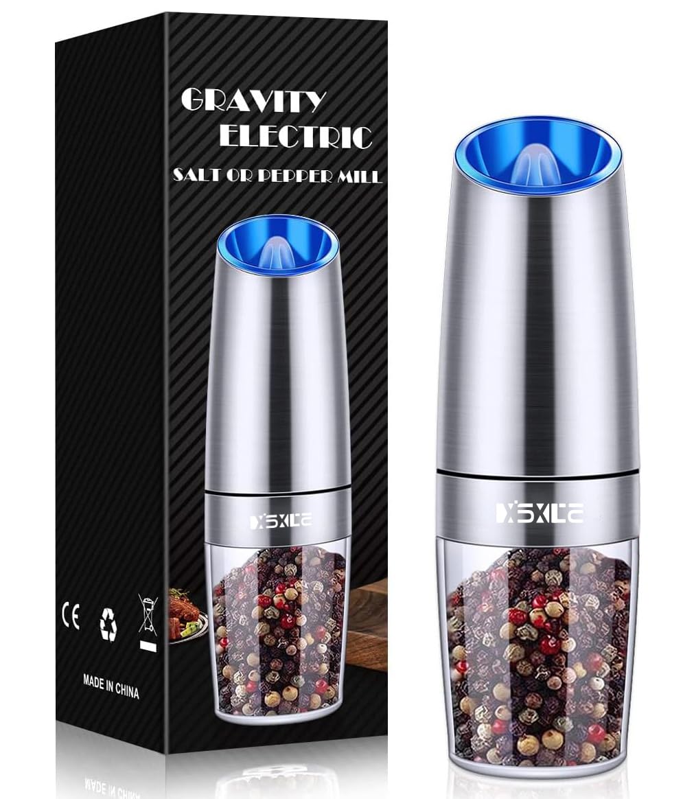 XinXu Gravity Electric Pepper/Salt Grinder, Salt and Pepper Mill & Adjustable Coarseness, Battery Powered with LED Light, One Ha