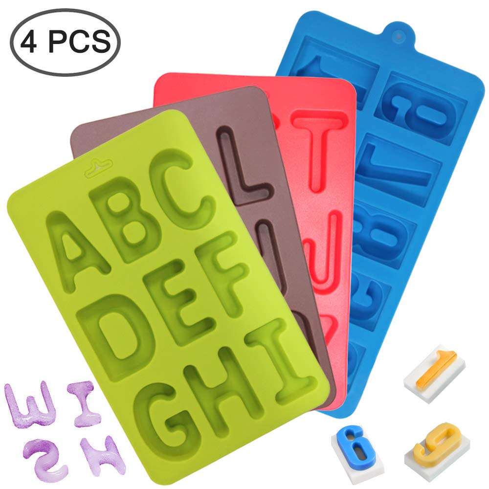 4 Pcs Silicone Numbers Alphabets Trays Molds, Finegood 26 Letters & Numbers Candy Mould Biscuit Chocolate Diy Baking Pans Ice Cu