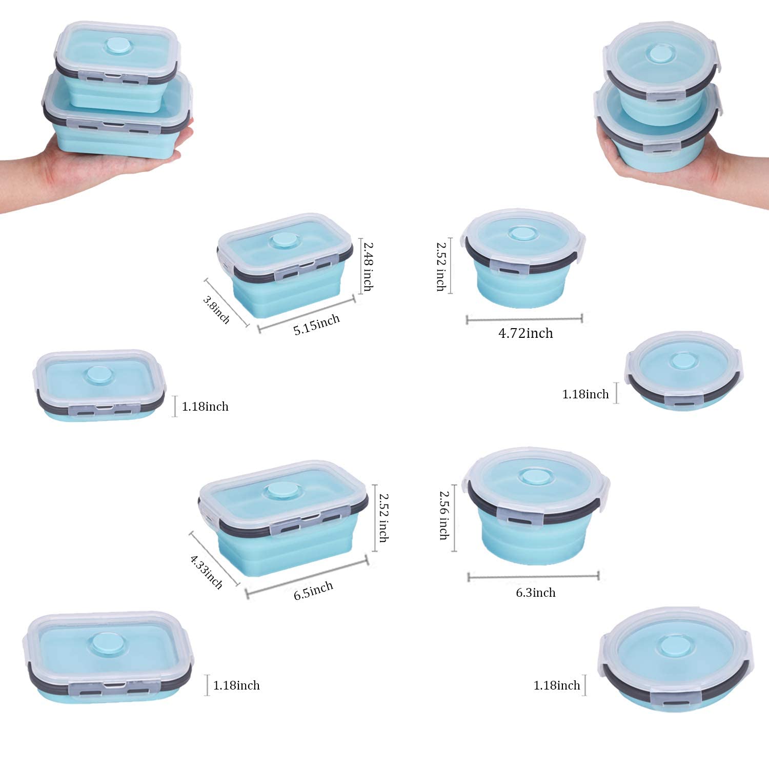 Kuon Collapsible Silicone Food Storage Containers With Airtight Lids, Set Of 4 Stacking Container, Microwave And Freezer And Dis