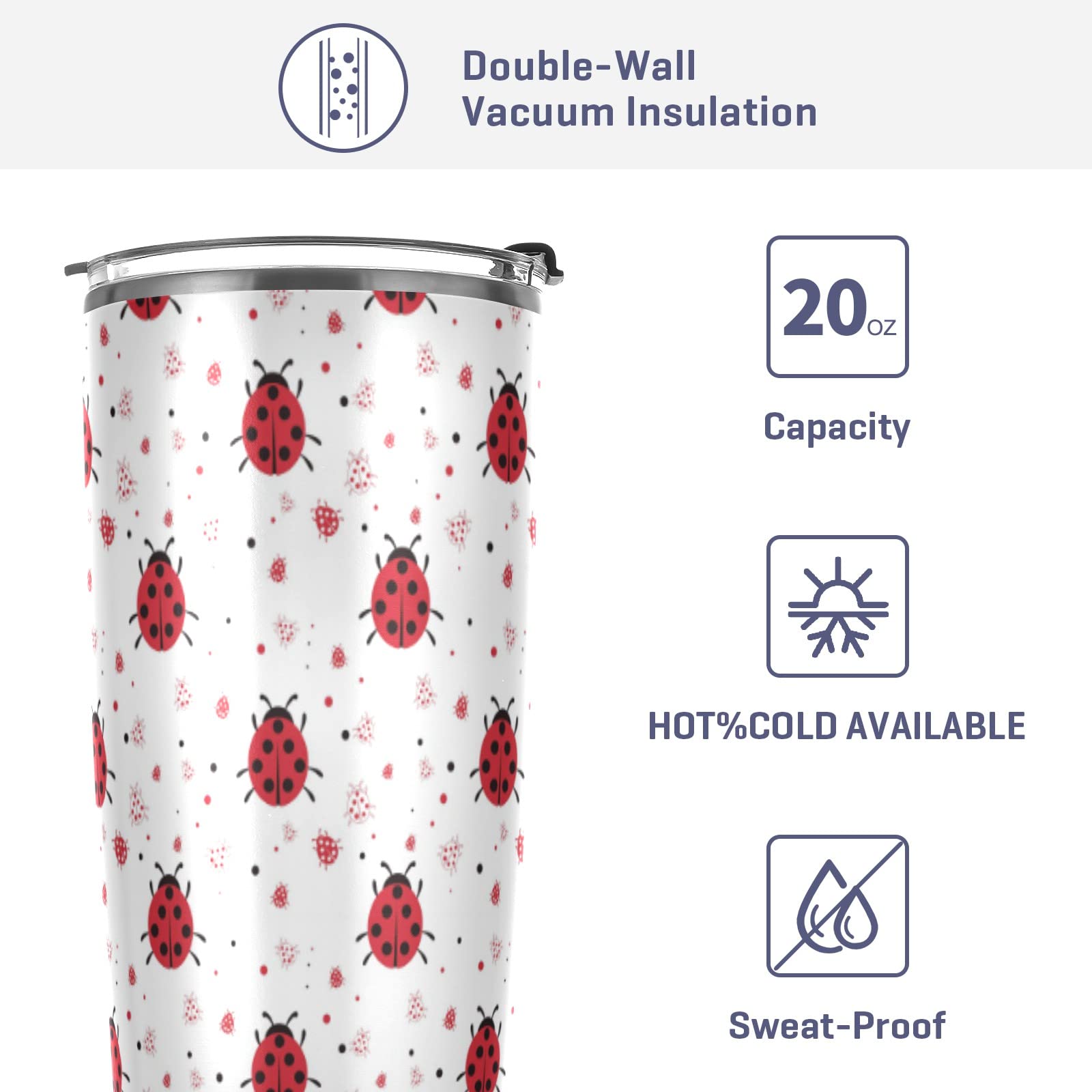Alaza Ladybugs Tumbler With Lids And Straws,Reusable Stainless Steel Vacuum Insulated Tumbler Cup,Iced Coffee Travel Mug Water B
