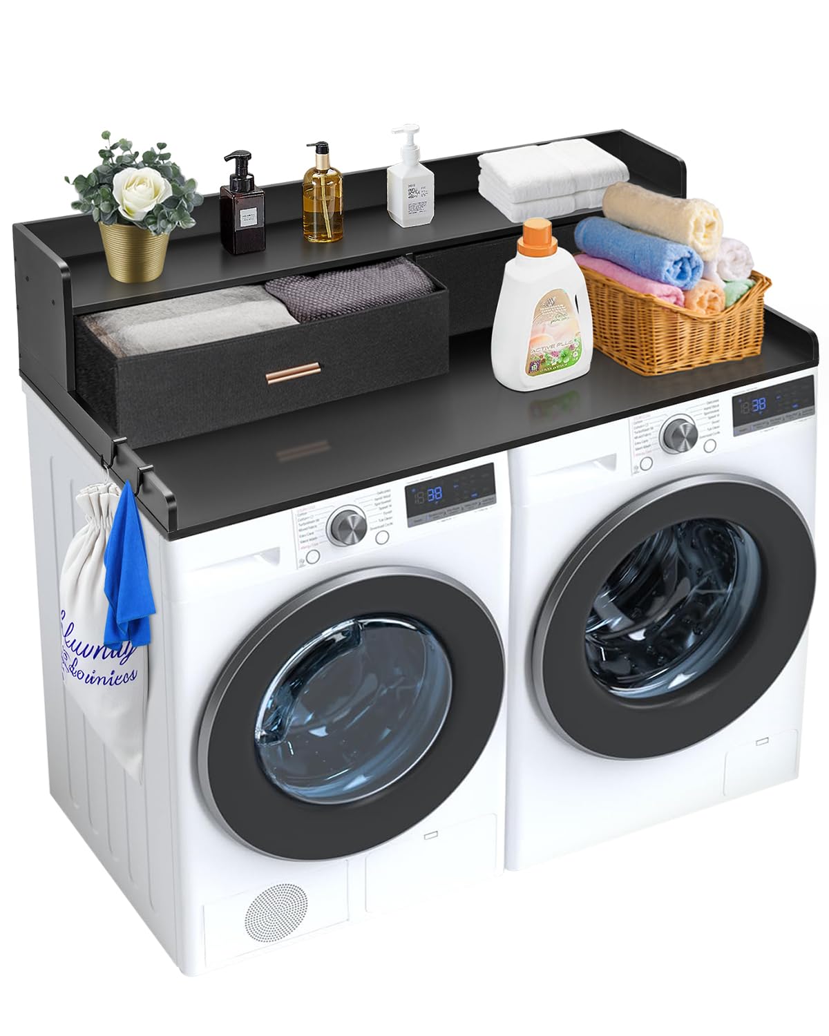 Vevor 2 Drawers Washer Dryer Countertop With Shelf, 54 X 27 Wooden Laundry Countertop With 2 Hooks & Non-Slip Pads, Washer A
