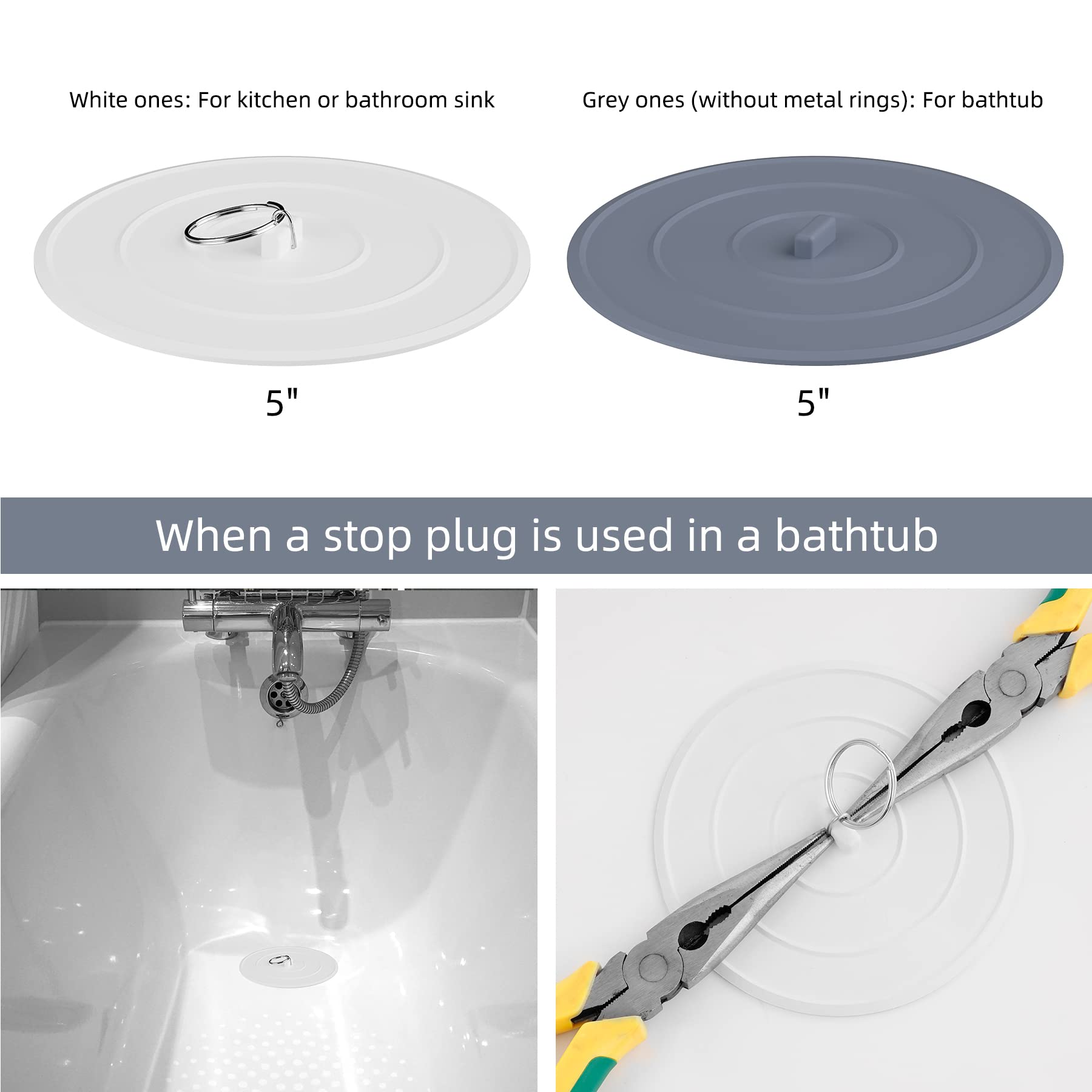 Hibbent 2 Pack Bath Tub Stopper  Flat Suction Sink Stopper Rubber Silicone Shower Drain Bath Plug Stopper for Kitchen  Bathroom and Laundry Sink (White-Grey)