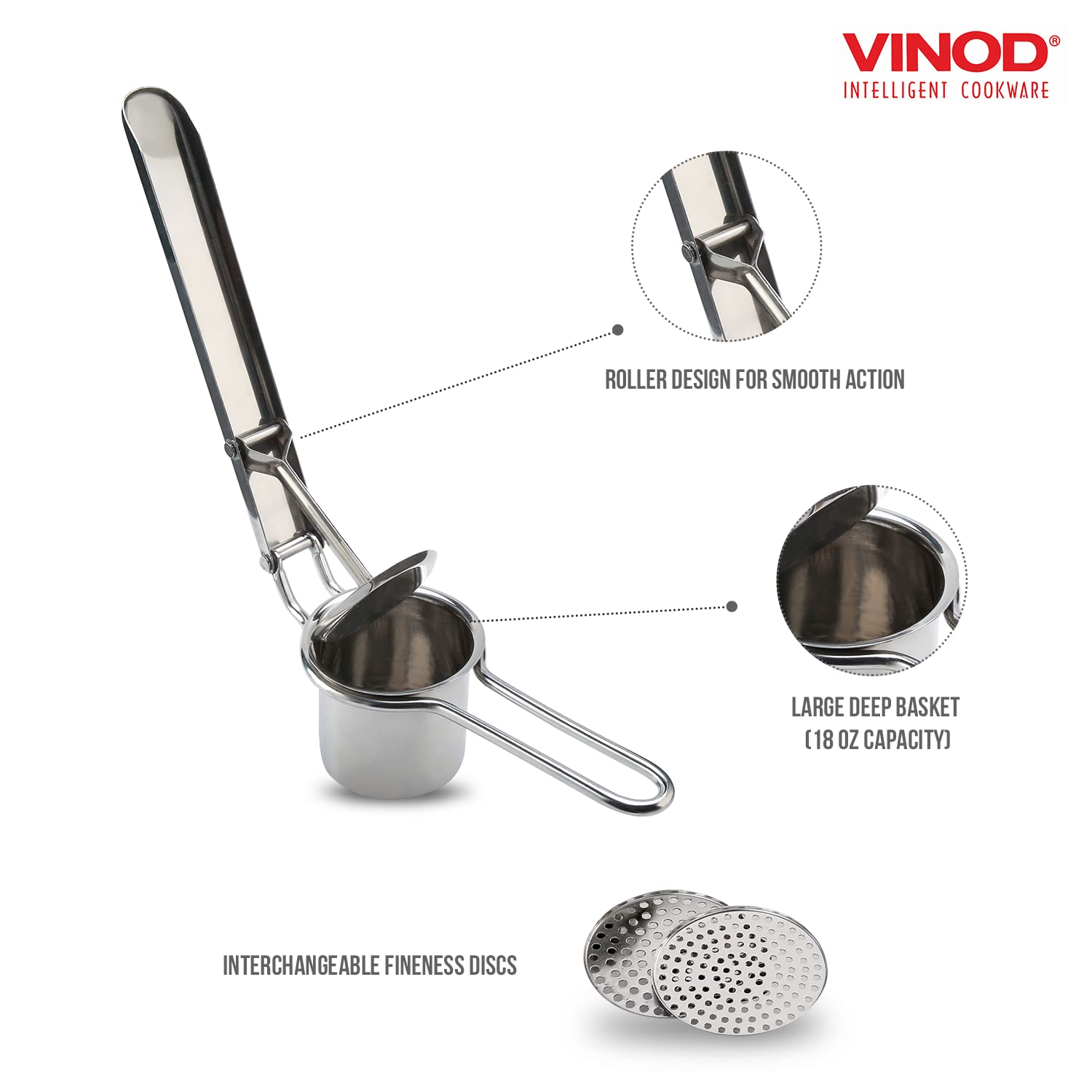 Vinod Large Potato Ricer - Heavy Duty Stainless Steel Potato Masher | Manual Press & Mash For Fruits & Vegetables | Kitchen Tool