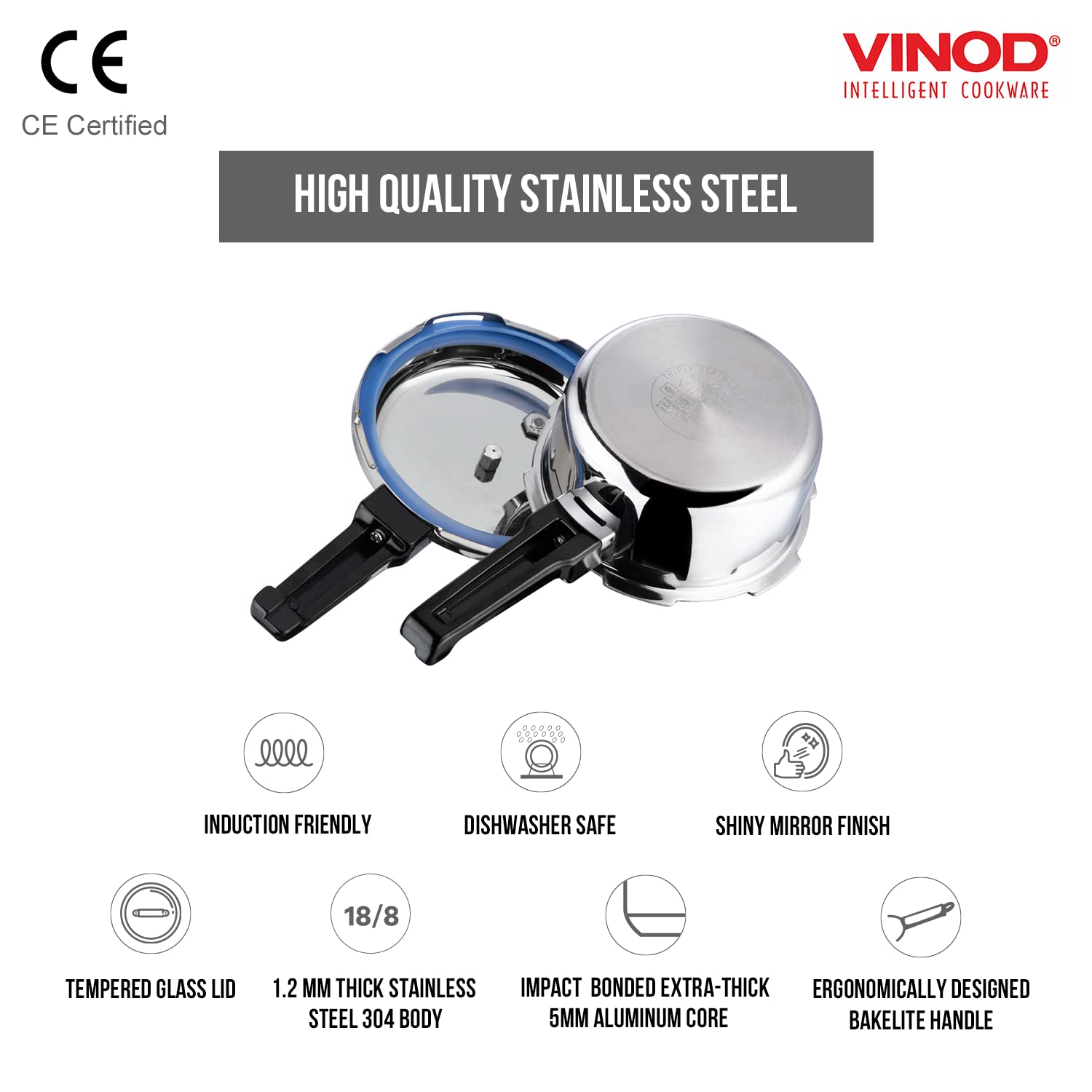 Vinod Pressure Cooker Stainless Steel - Outer Lid - 3 Liter - Induction Base Cooker - Indian Pressure Cooker - Sandwich Bottom -