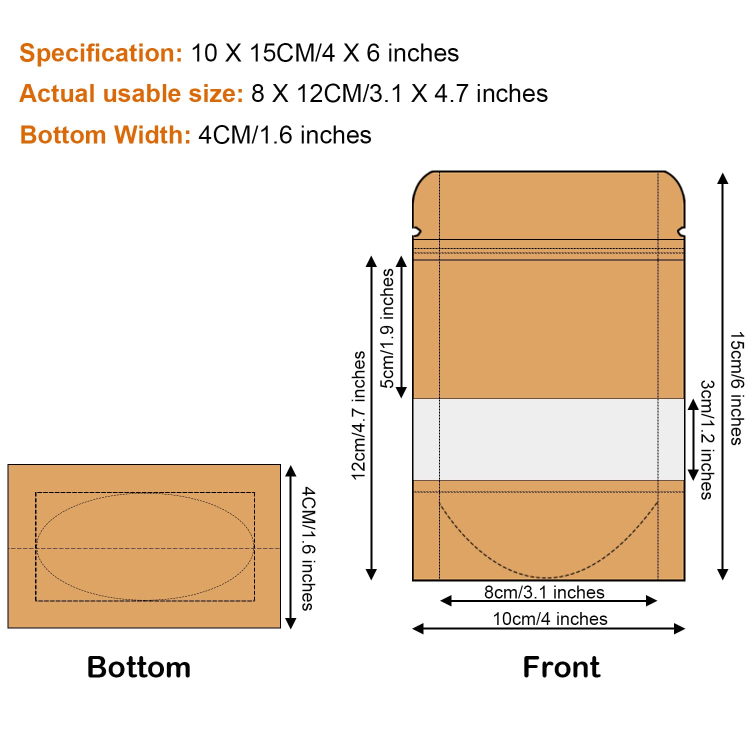 Blisstime 50 Pack Kraft Stand Up Zip Lock Pouch Bags, Resealable Bag With Transparent Window And Tear Notch For Multipurpose Sto
