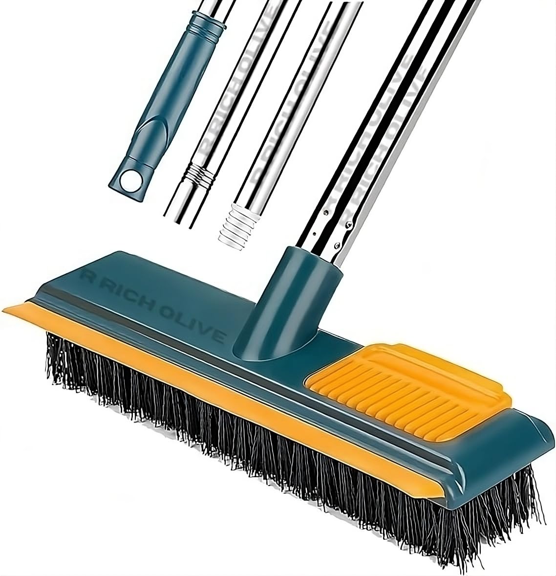 R Rich Olive 2-In-1 Bathroom Cleaning Brush With Wiper, Long Handle Floor Scrub Brush With Comb Design, Tiles, Toilet & Carpet C