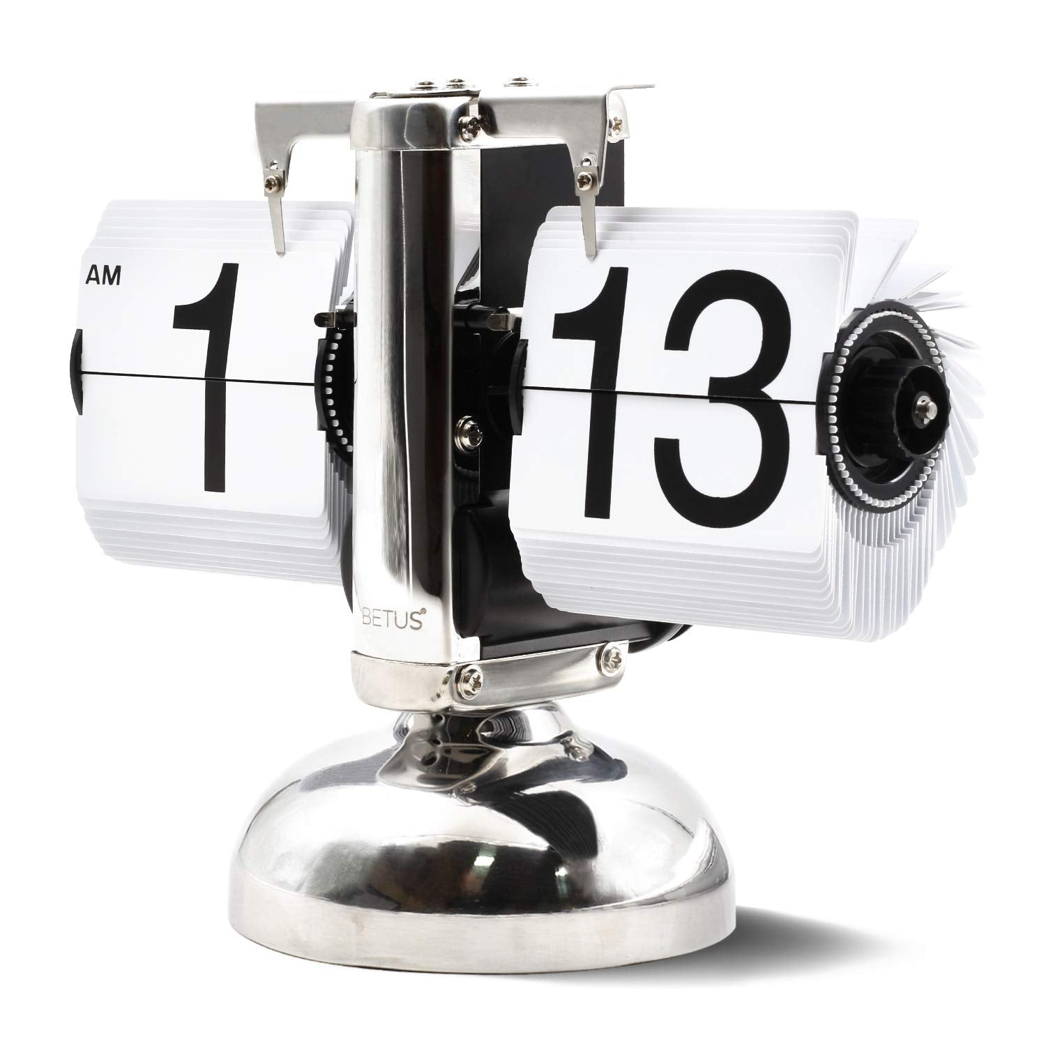 Betus [Retro Style] Classic Metal Mechanical-Digital Display Battery Powered Flip Desk Shelf Clock- 8 X 6.5 X 3 Inches (White)