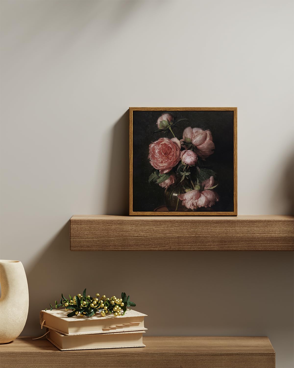 Insimsea Square Framed Canvas Wall Art, Vintage Peony Flower Paintings, Floral Wall Pictures For Bedroom Bathroom Living Room, C