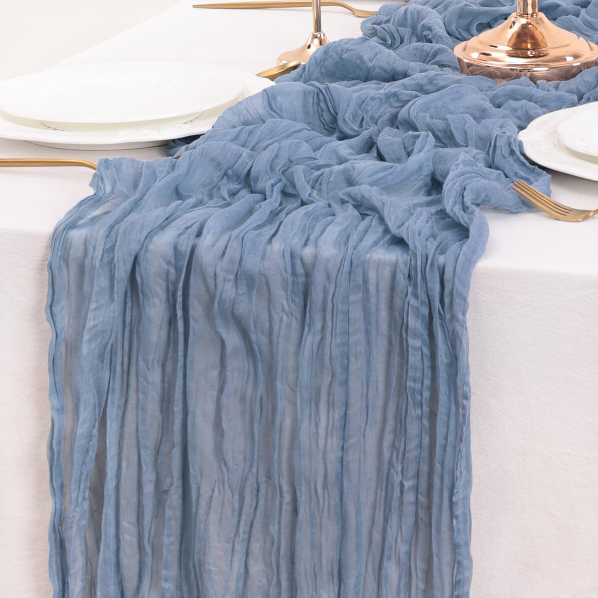 LINXTAR Dusty Blue Cheesecloth Table Runner 10Ft Vintage Rustic Gauze Tablecloth 35x122 Inches Boho Elegant Wedding Baby Shower Birthday Party Table Centerpiece  Photography Background