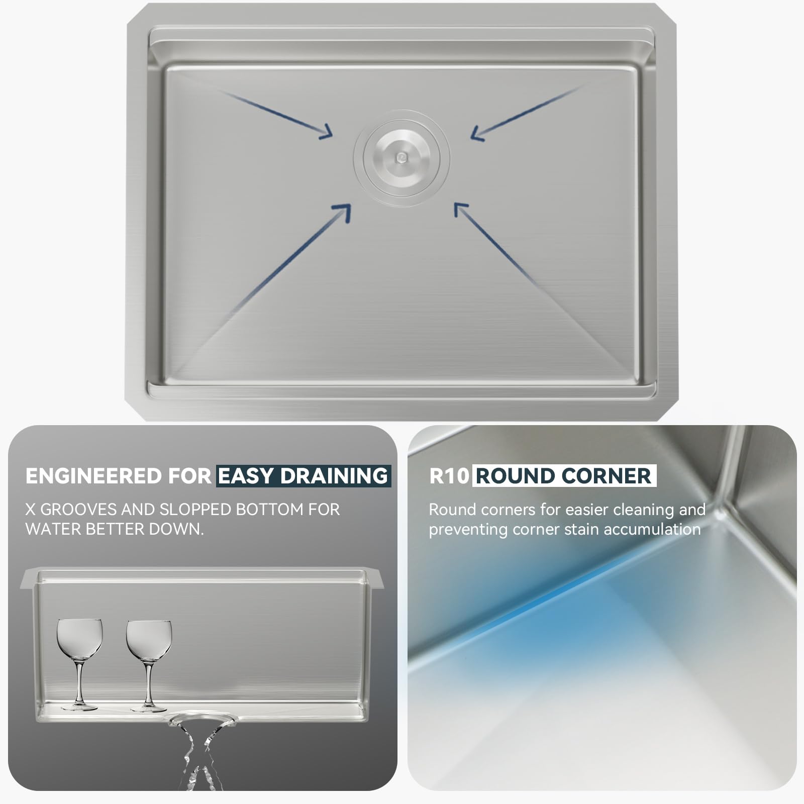 Lordear 25 Inch Undermount Kitchen Sink Workstation 25X19X10 16 Gauge Stainless Steel Single Bowl Round Corner Kitchen Sinks