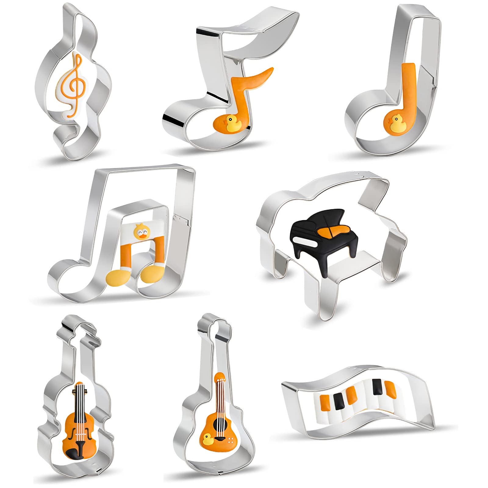 Music Note Cookie Cutter Shapes Set - 8 Pieces Stainless Steel Metal G Clef, Eighth Note, A Quarter Note, Piano, Violin, Guitar,