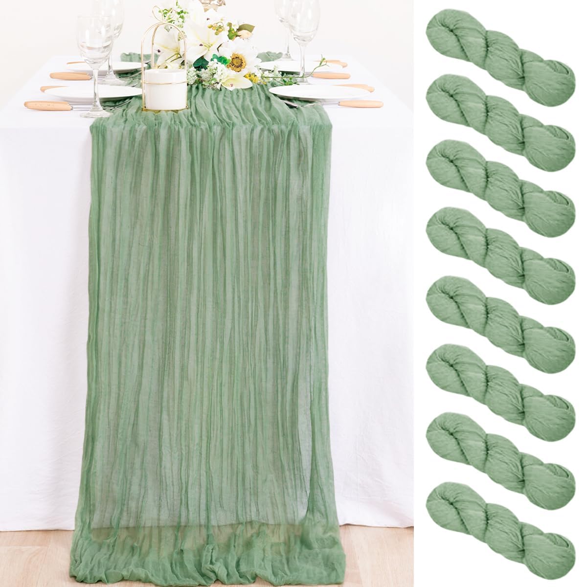 MLMC 8 Pack Sage Green Table Runner 10ft Rustic Gauze Spring Cheesecloth Table Runner 35x120 Inches Cheese Cloth for St. Patrick
