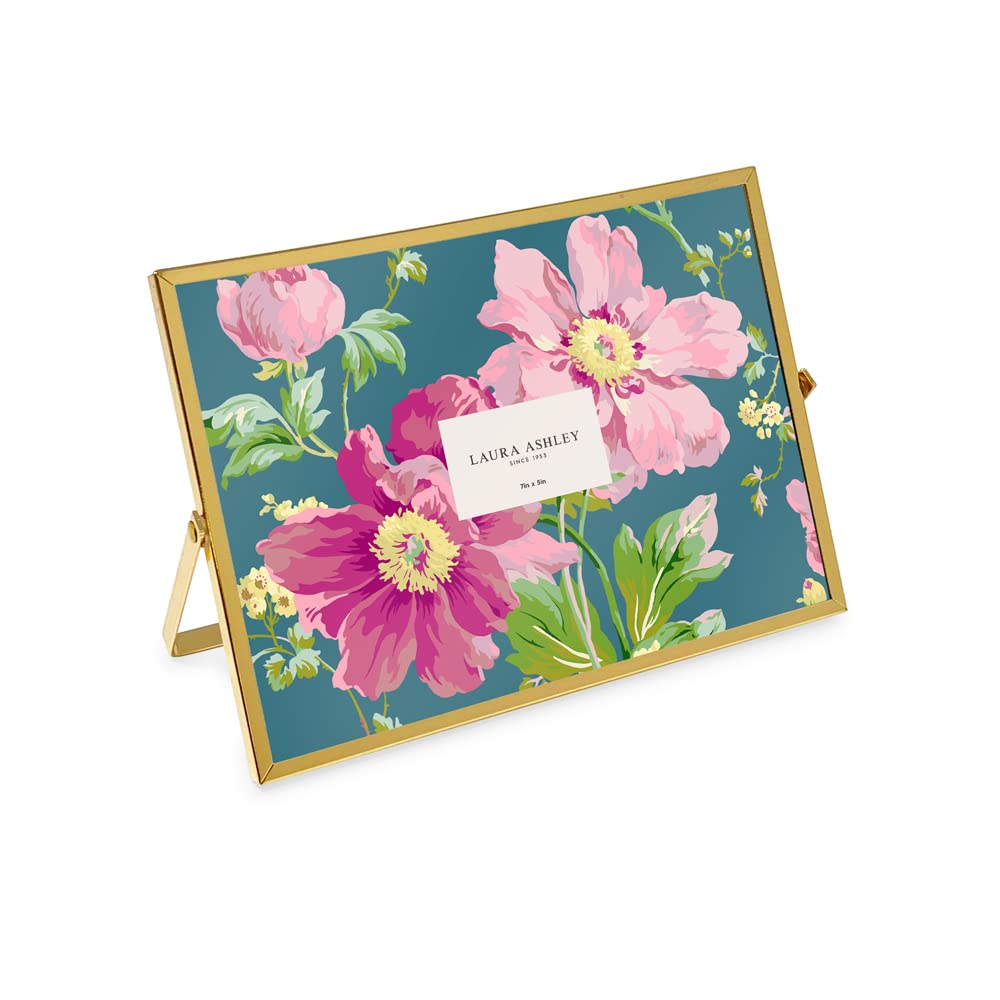 Laura Ashley 5x7 Gold Flat Metal Picture Frame (Horizontal) with Pull-Out Easel Stand, Made for Tabletop, Counterspace, Shelf an