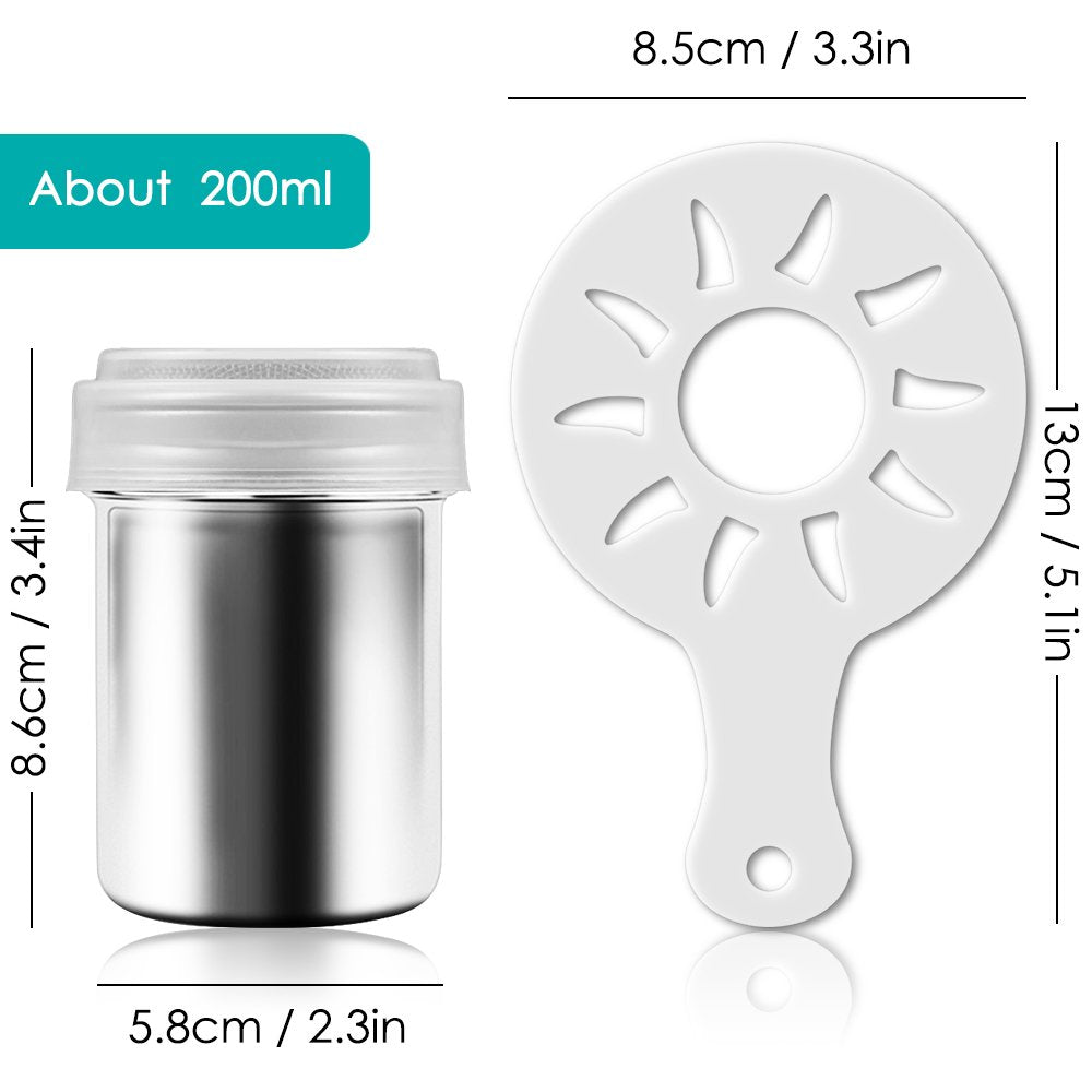 2 Stainless Steel Powder Shakers, Senhai Mesh Shaker Powder Cans For Coffee Cocoa Cinnamon Powder With Lid, With 16 Pcs Printing