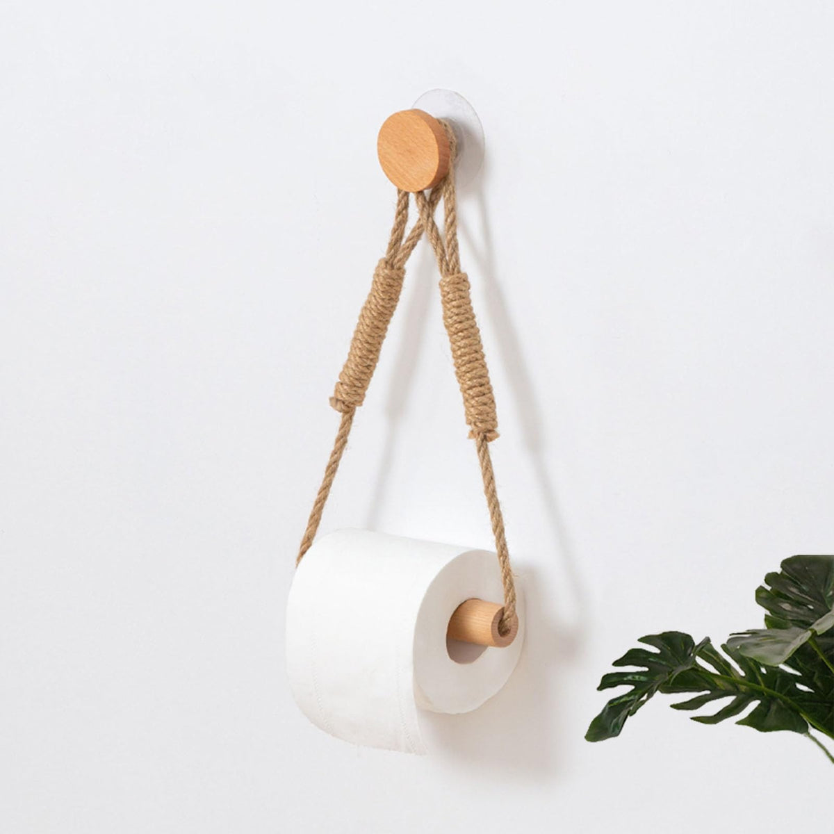 Wood & Rope Wall Toilet Paper Holder, Rustic Tissue Rolls Paper Holder Wall Mounted, Nautical Rattan Bathroom Accessories With S