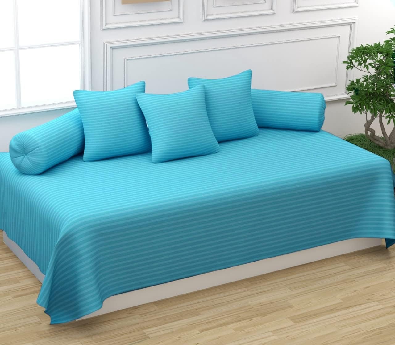 Trance Home Linen 200Tc Striped Diwan Set 100% Cotton 6 Piece|Dewaan Bedsheet Set (Set Of 6 Pcs, 1-Bed Sheet 54X88 Inch | 2-Bols