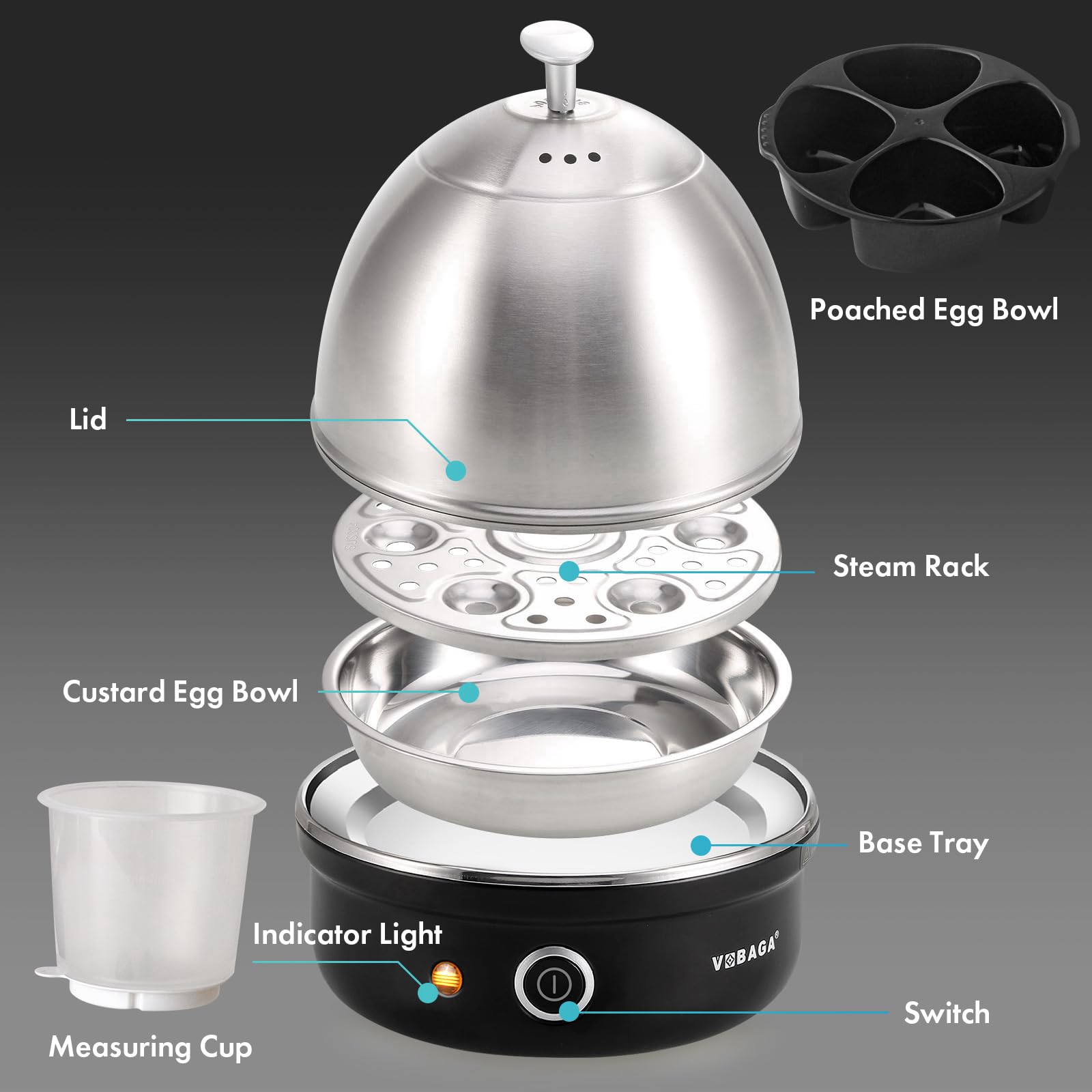 VOBAGA Electric Egg Cooker  Rapid Egg Boiler with Auto Shut Off for Soft  Medium  Hard Boiled  Poached  Steamed Eggs  Vegetables and Dumplings  Stainless Steel Tray with 7-Egg Capacity (Black)
