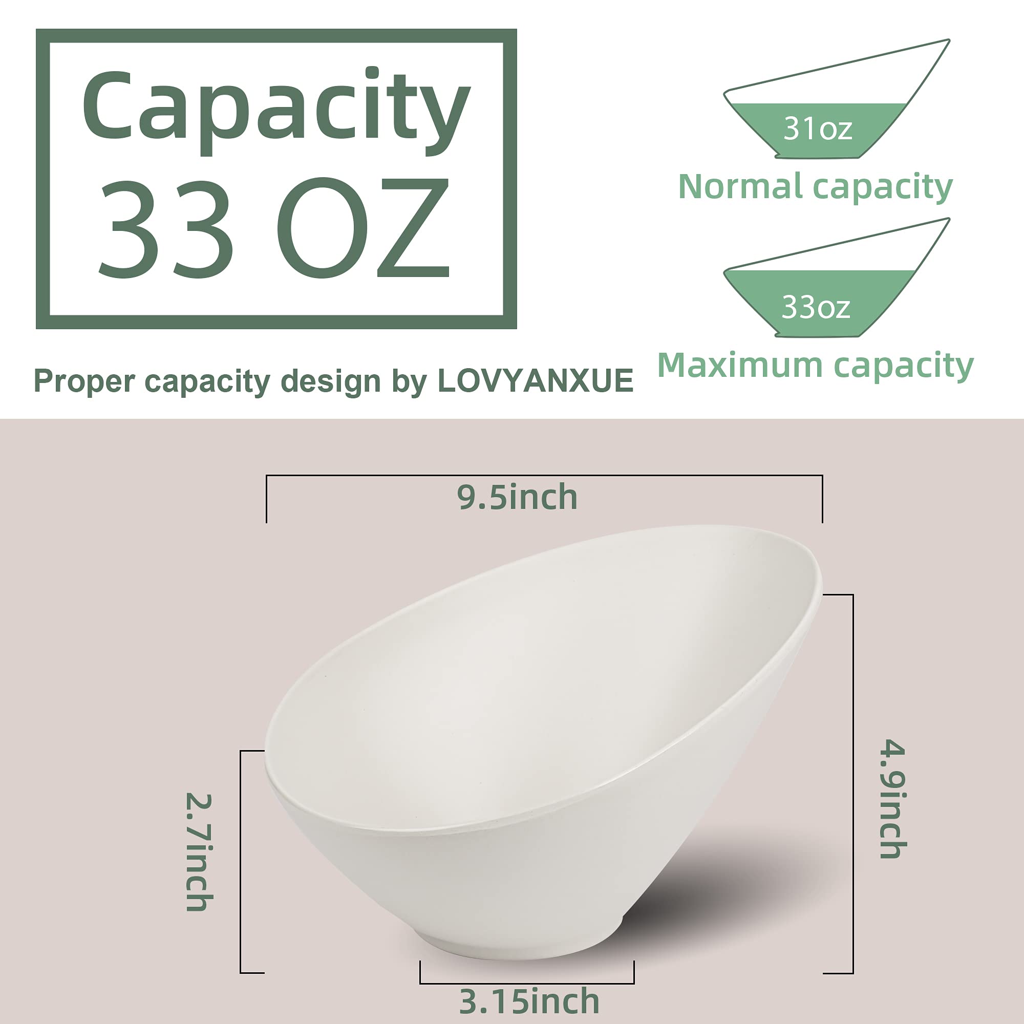 Lovyanxue Bamboo Fiber Salad Bowls, 4 Packs Serving Bowls Porcelain,Compostable 33 Ounce Elegant White Angled Bowls For Salad, P