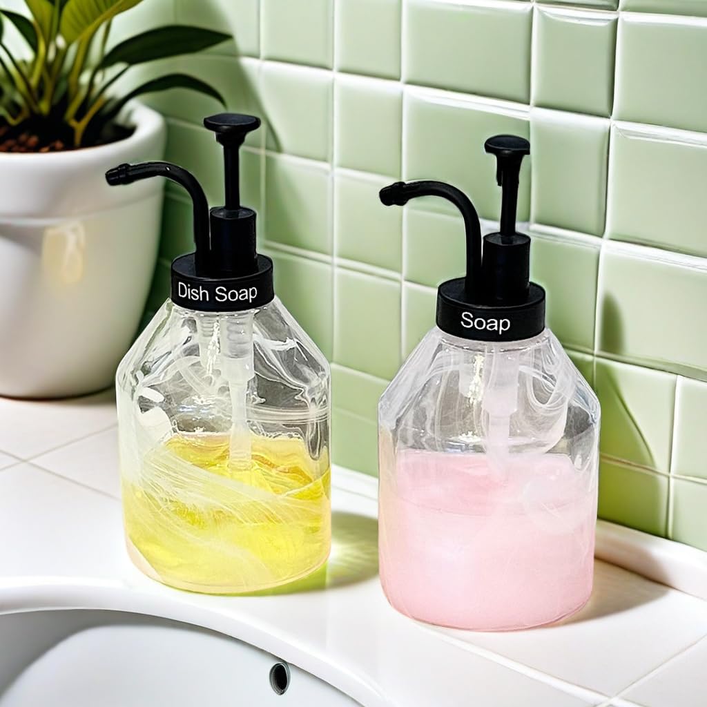 Suanti Bathroom Glass Soap Dispenser Set, 2 Pcs 375Ml/12.7 Oz Unique 3D Cloud Pattern Thick Glass Soap Bottle With Smooth Action
