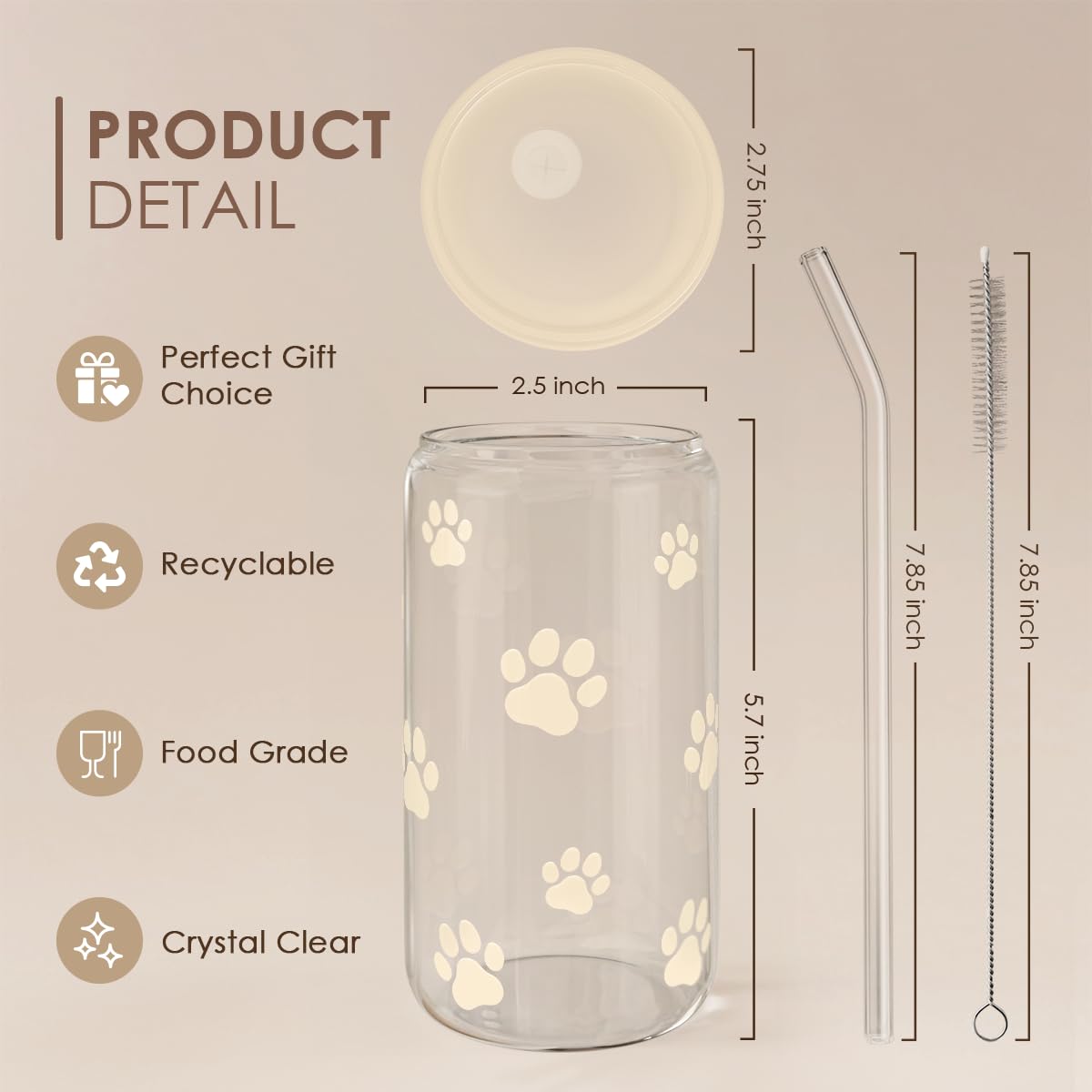 Paw Print 16oz Can Glass Tumbler with Acrylic Lid & Straw - Iced Coffee Cup for Women Cat Dog Mom, Aesthetic Cups Gifts for Birt