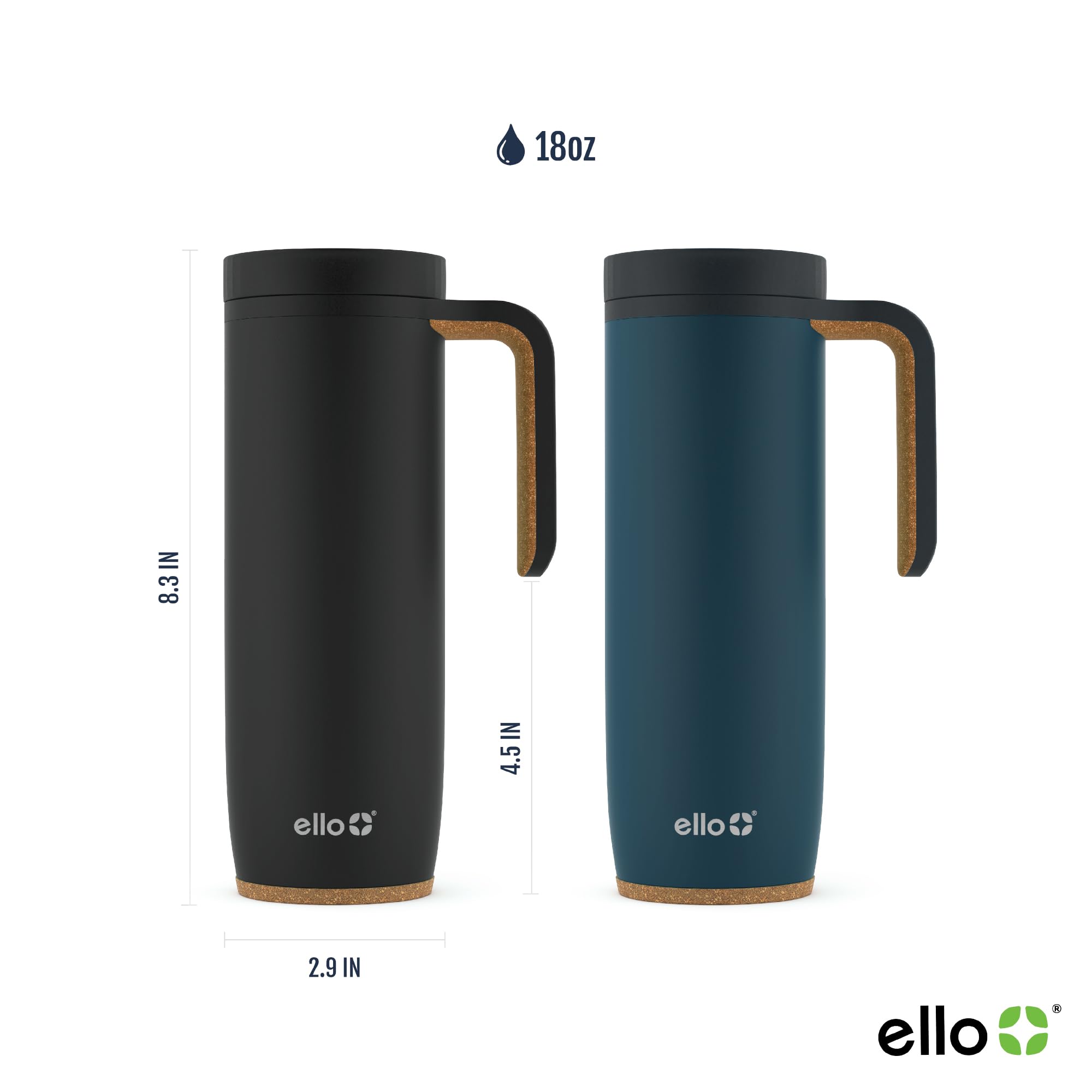Ello Magnet 18Oz Vacuum Insulated Stainless Steel Travel Mug With Side Handle And Leak-Proof Slider Lid And Built-In Coaster, Ke