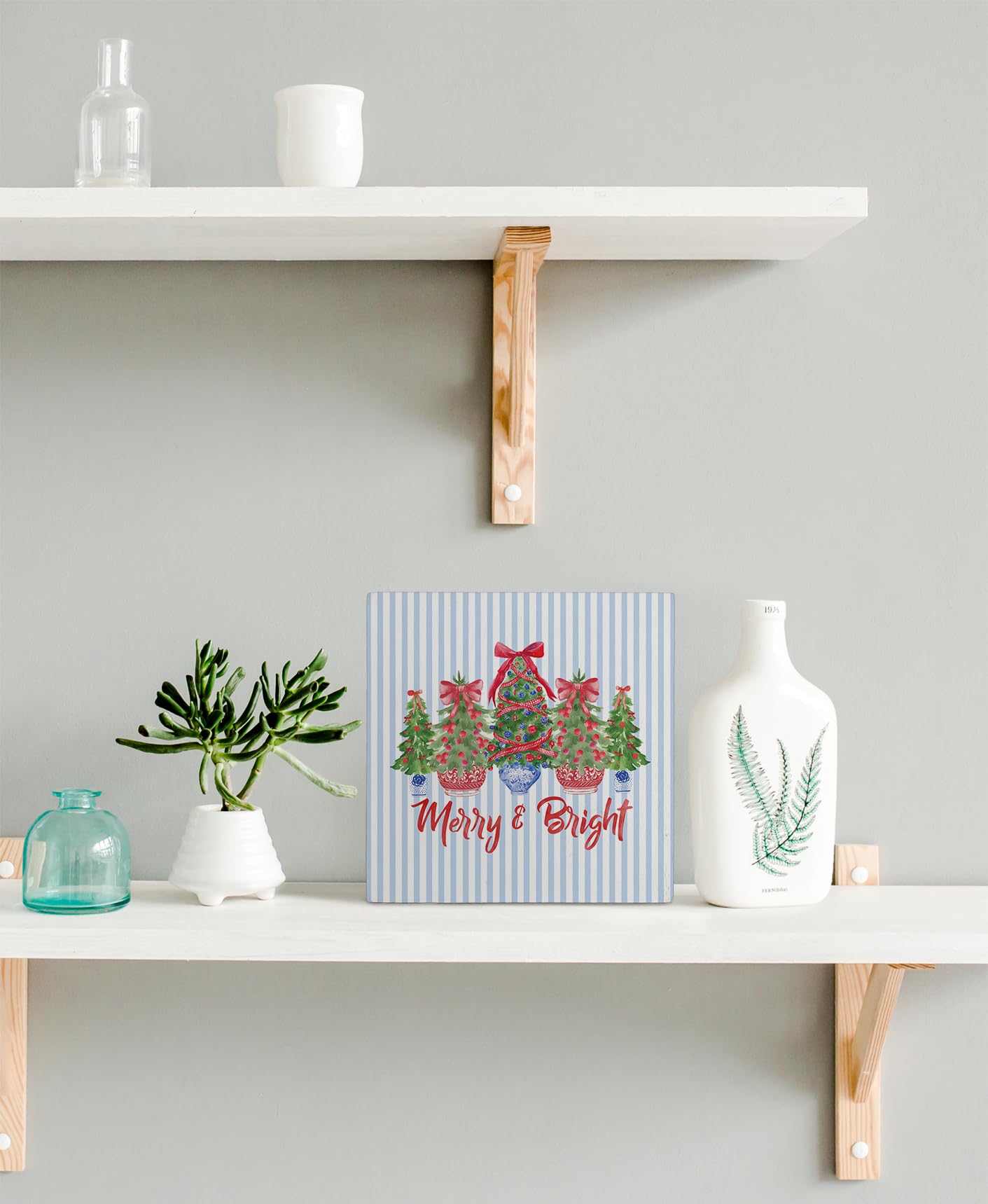 kunlisa Chinoiserie Christmas Tree Wooden Sign, Grandmillennial Christmas Decor, Coquette Red Bow Porcelain Xmas Tree Wood Box S