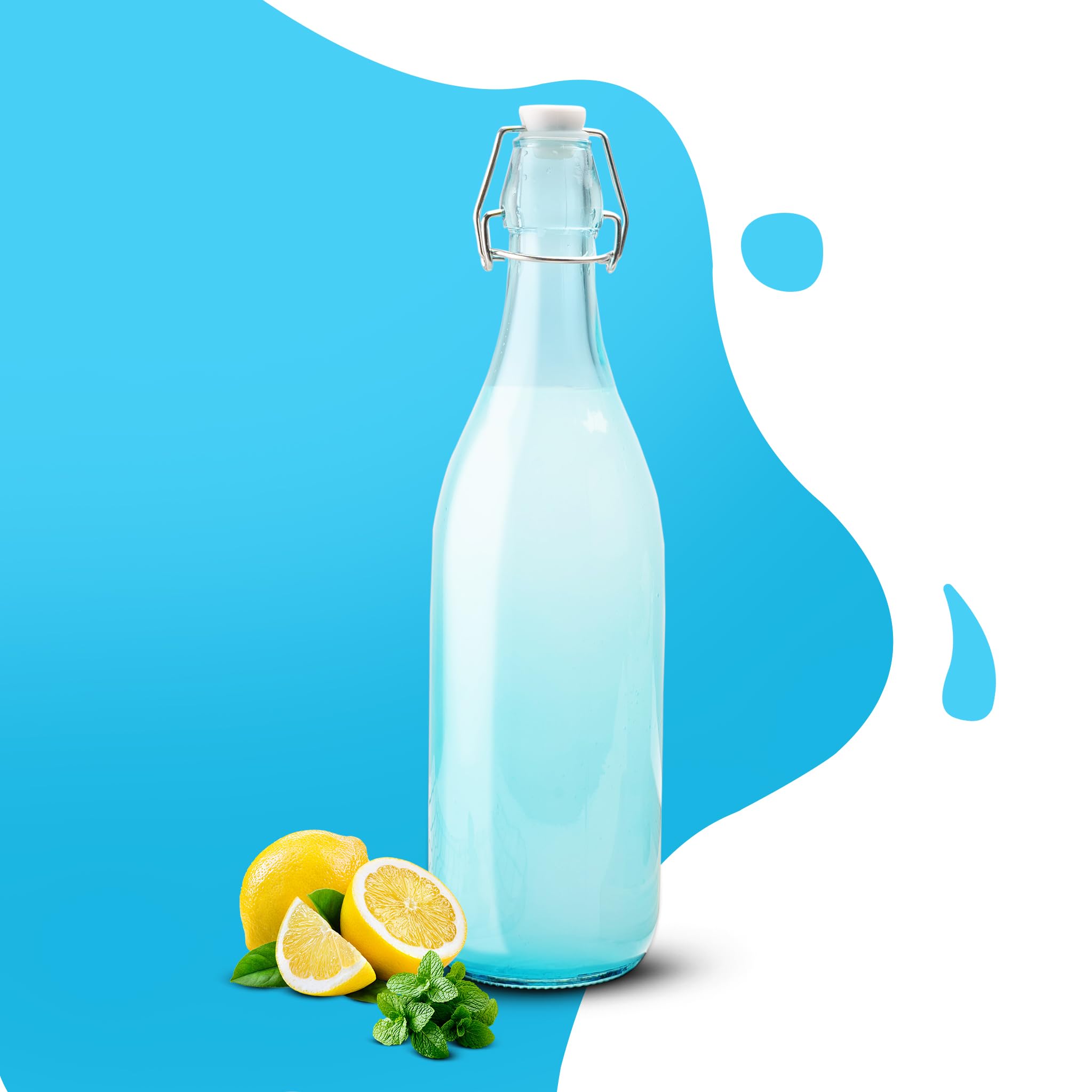 Agaro Elegant Flip Top Glass Bottle 1L Blue, 1000Ml, Freezer Safe & Leakproof Flip Cap, Blue Colour & Stylish
