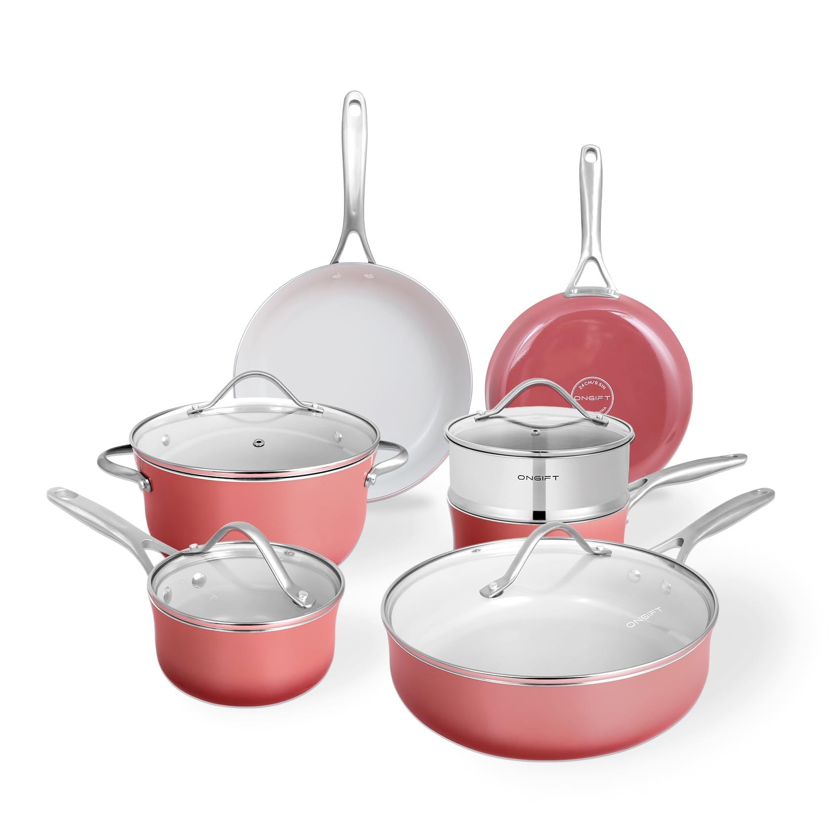 ONGIFT Kitchen Pots and Pans Set Non Stick, 11 Pcs Ceramic Cookware Set with StayCool Handle, Pot and Pan Set NonToxic PFOA/PFA