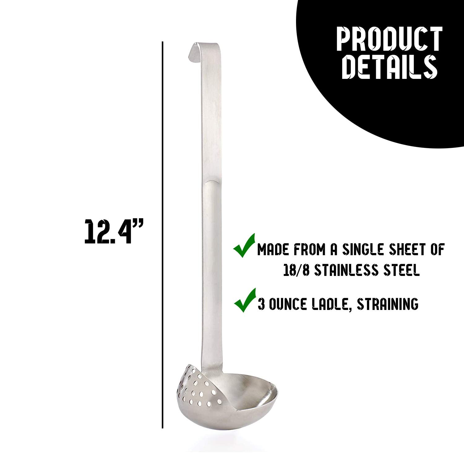 Hic Harold Import Co Hic Straining Ladle With Long Handle, 18/8 Stainless Steel, 3-Ounce Capacity