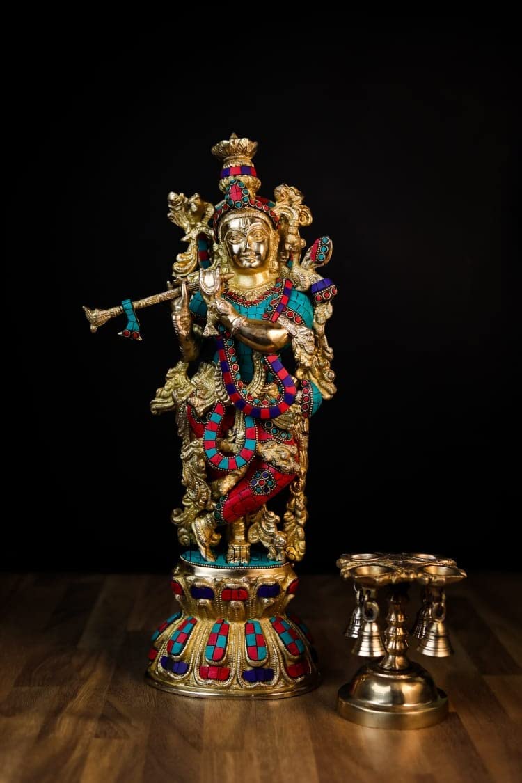 Rugdoll Krishna Statue Brass Stone Work Gold-Multicolor 45Cm Big Size Pack Of 1