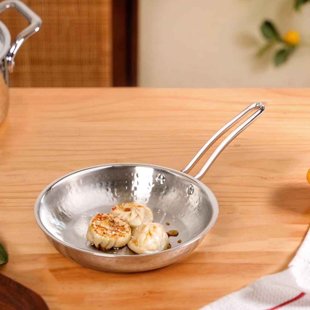 Nestasia Hammered Triply Stainless Steel Frypan (1000 Ml), Thick & Non-Toxic, Heavy-Bottom Design For Even Heating, Induction & 