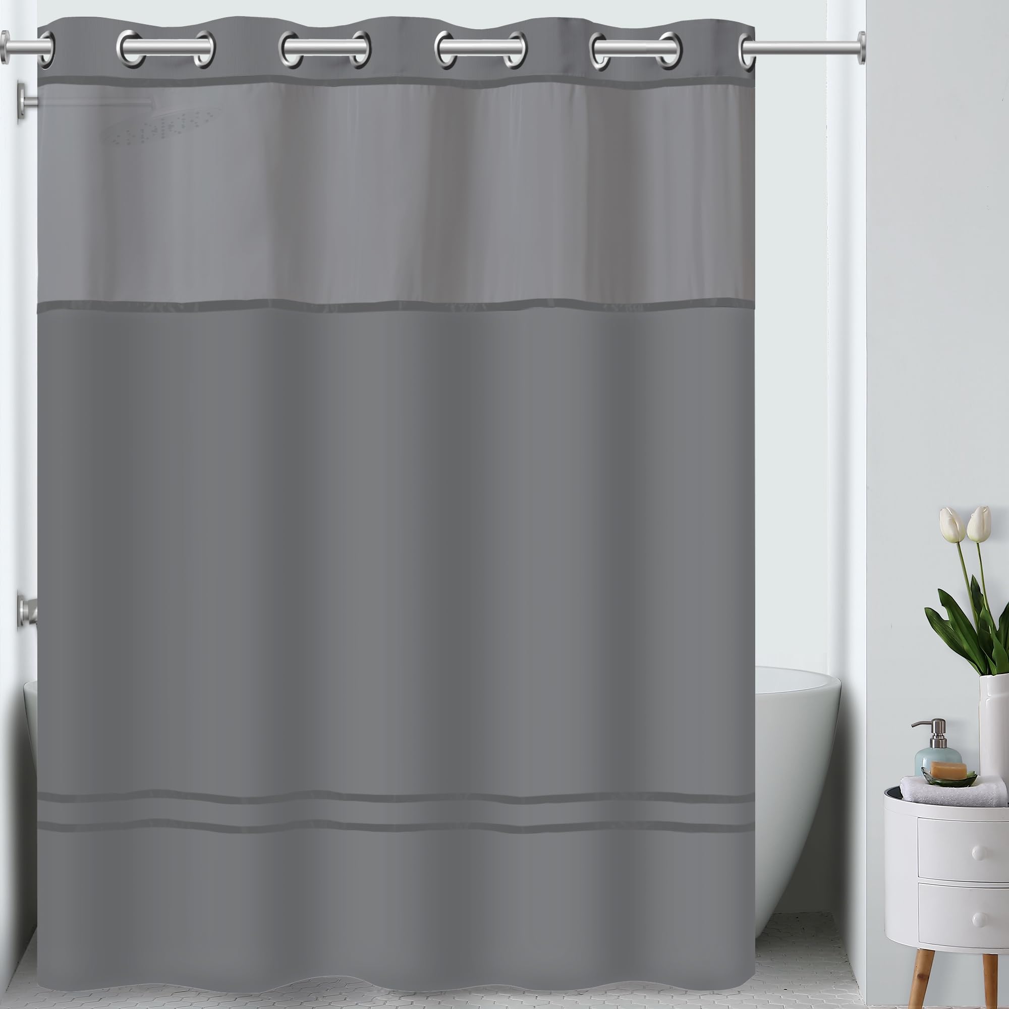 Hookless ItS A Snap! Escape Shower Curtain, 3-In-1 Shower Curtain Includes Fabric Shower Curtain With Sheer Top Window, Flex-On