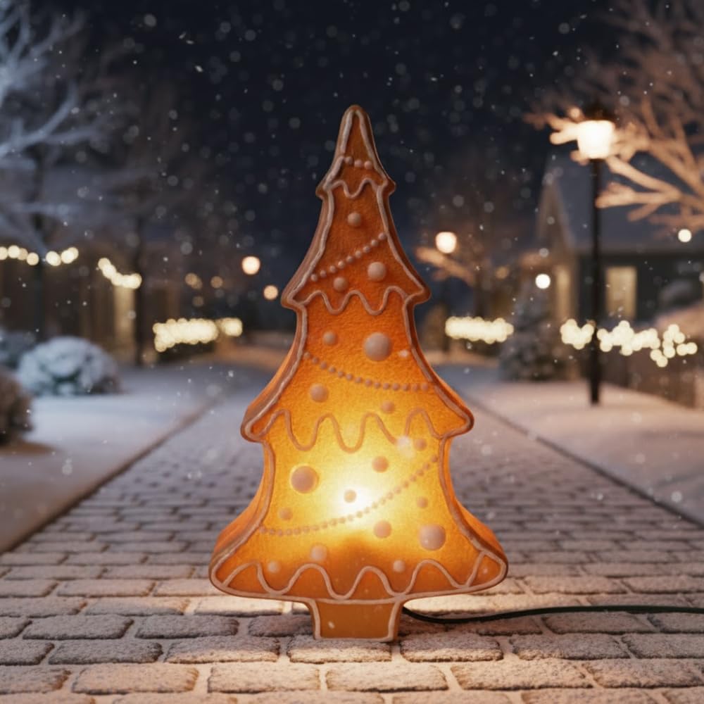 PMU Christmas Light-Up Gingerbread Tree - Blow Mold Plastic Statue Illuminated with Cord and Light - Perfect D  cor for Christma
