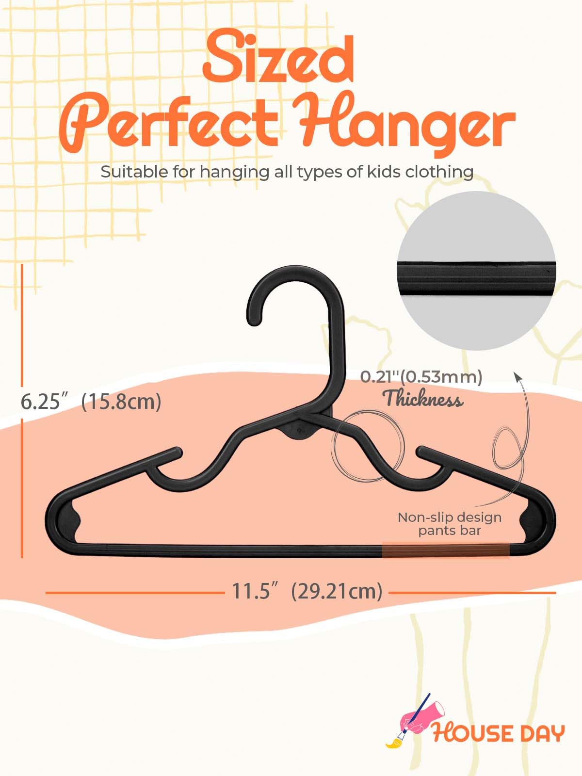 House Day Premium Baby Hangers 20 Pack, 11 Inch Kids Plastic Hangers Black, Slim Childrens Hangers For Infant, Toddler, And Chil