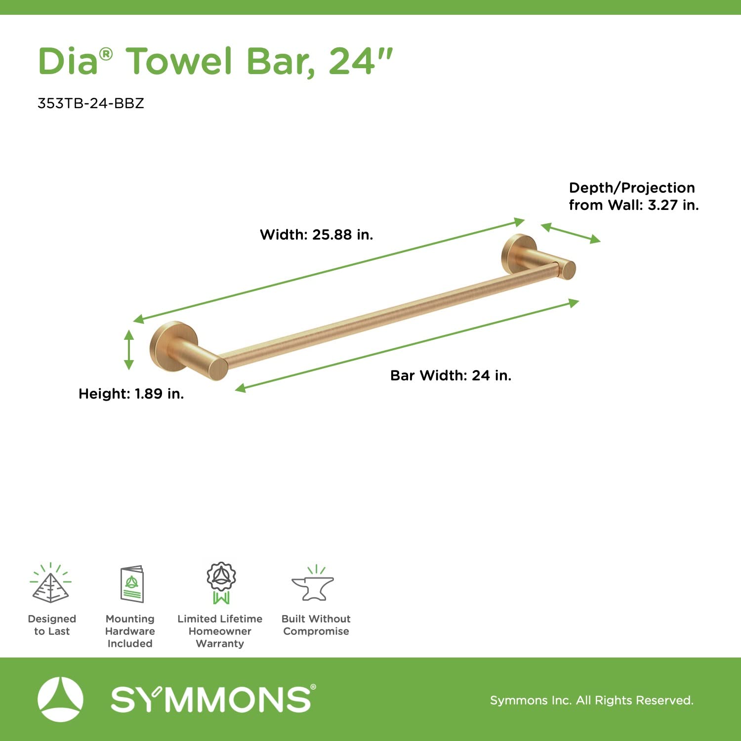 Symmons 353Tb-24-Bbz Dia 24 In. Wall-Mounted Towel Bar In Brushed Bronze