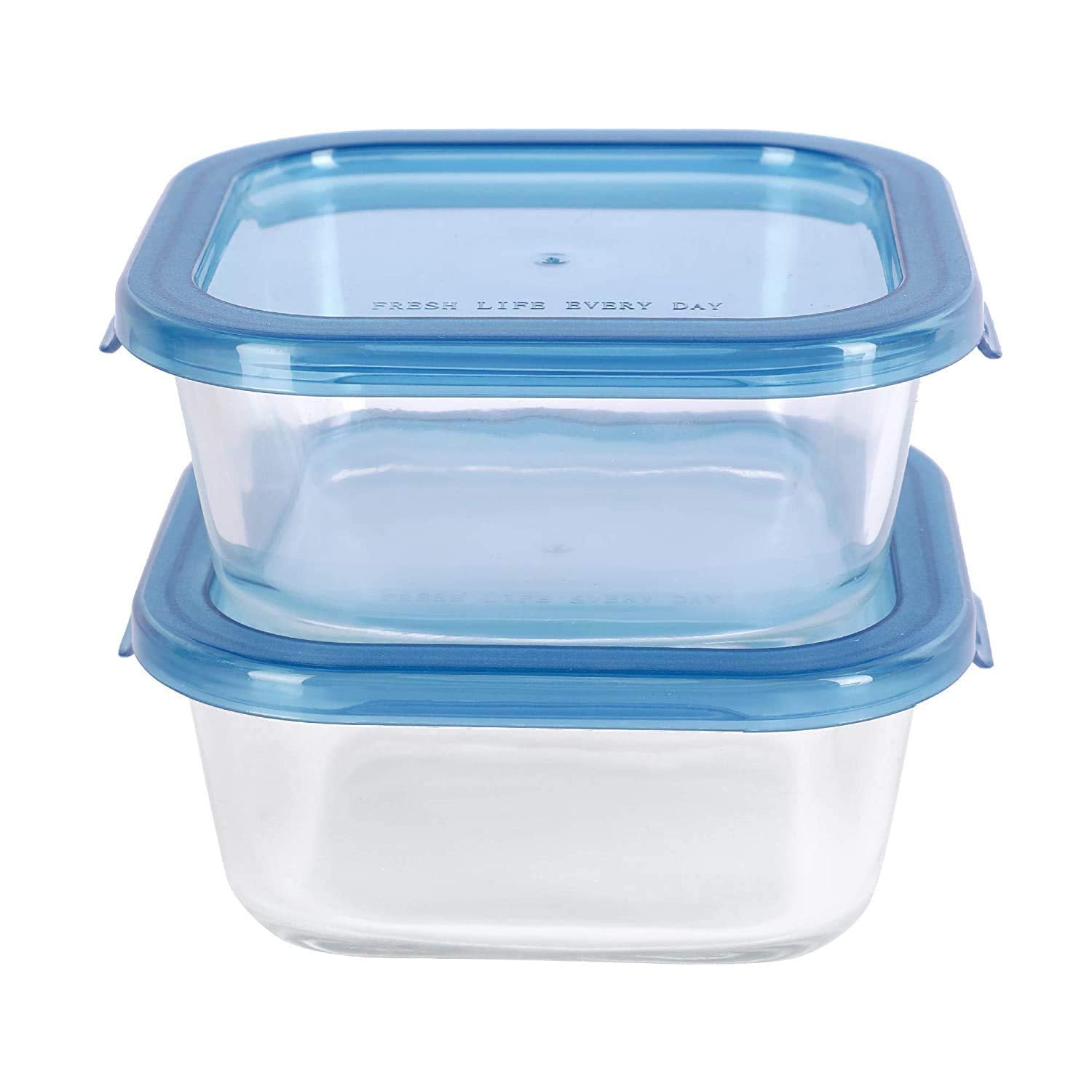 Simparte 520Ml Borosilicate Square Glass Container With Flexible Blue Lid Set Of 2 Microwave, Oven, Freezer & Dishwasher Safe Le