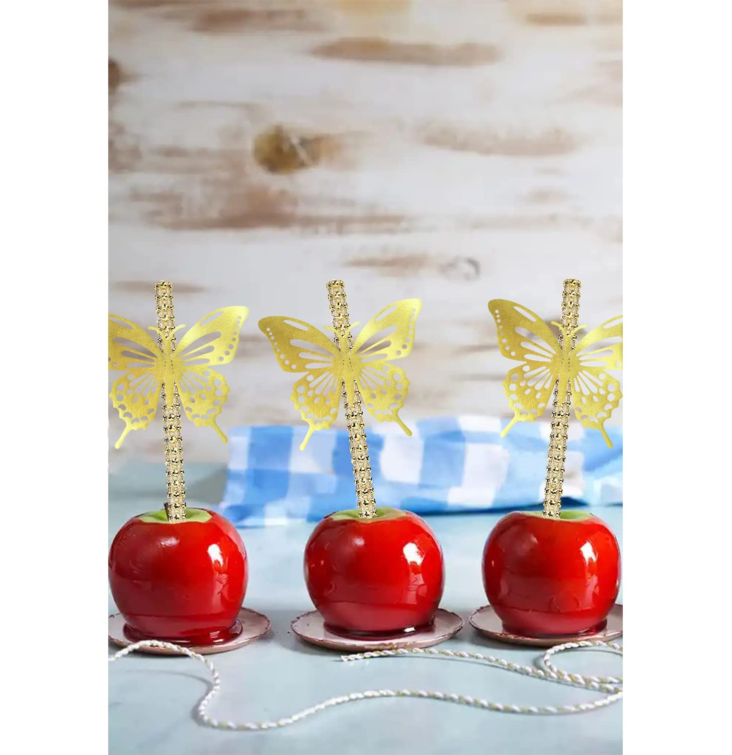 24 Pcs Bling Candy Apple Sticks With Butterfly Stickers, Caramel Apple Bamboo Wooden Pointed Skewers With Rhinestones Diamond Me