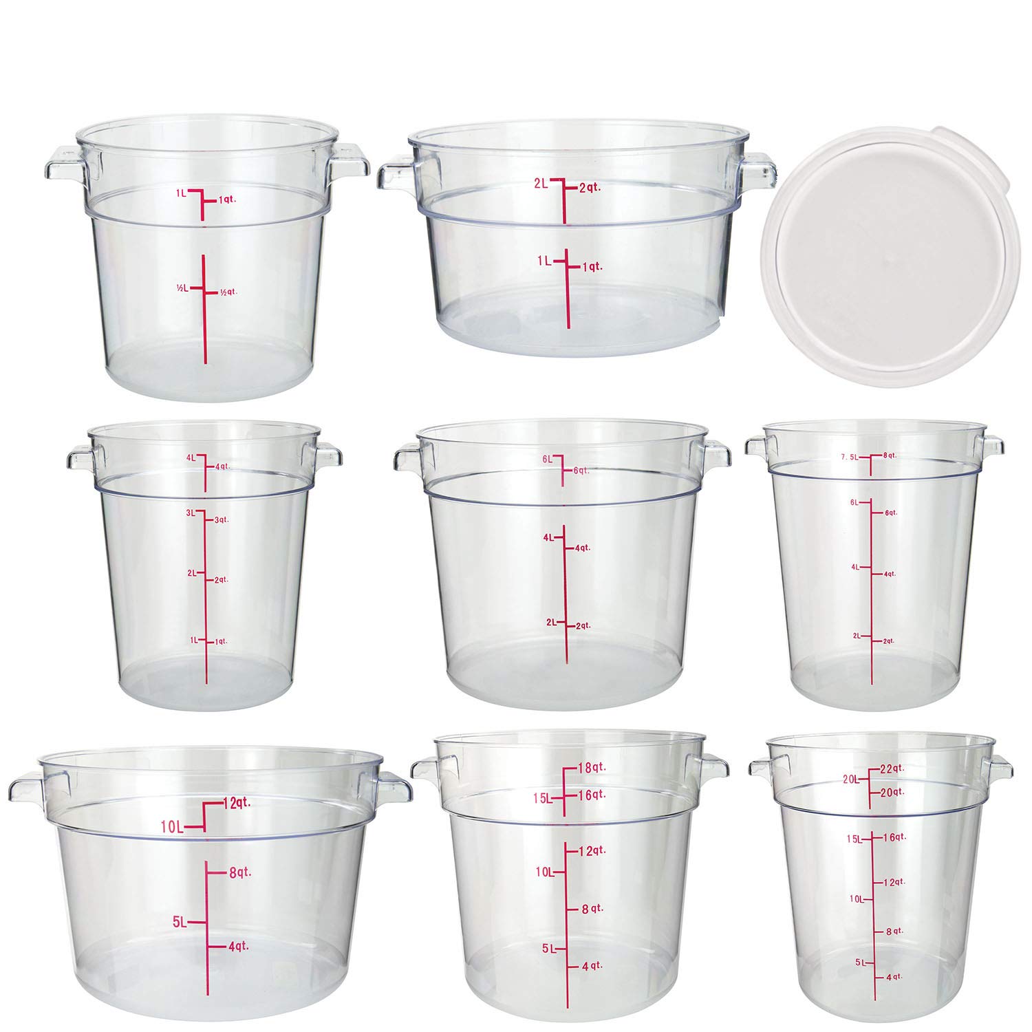 Tiger Chef Set Of 8 Commercial Grade Clear Food Storage Round Polycarbonate Containers With Clear Lids In Sizes 1, 2, 4, 6, 8, 1