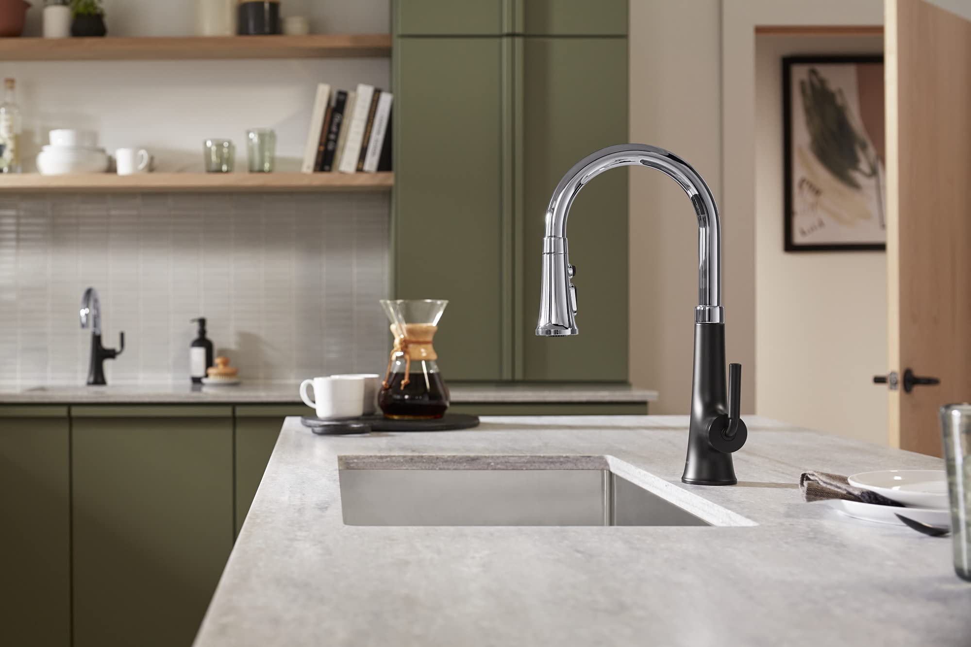 Kohler 23764-Cbl Tone Pull Down Kitchen Faucet, Kitchen Sink Faucets With Pull Down Sprayer, Polished Chrome With Matte Black