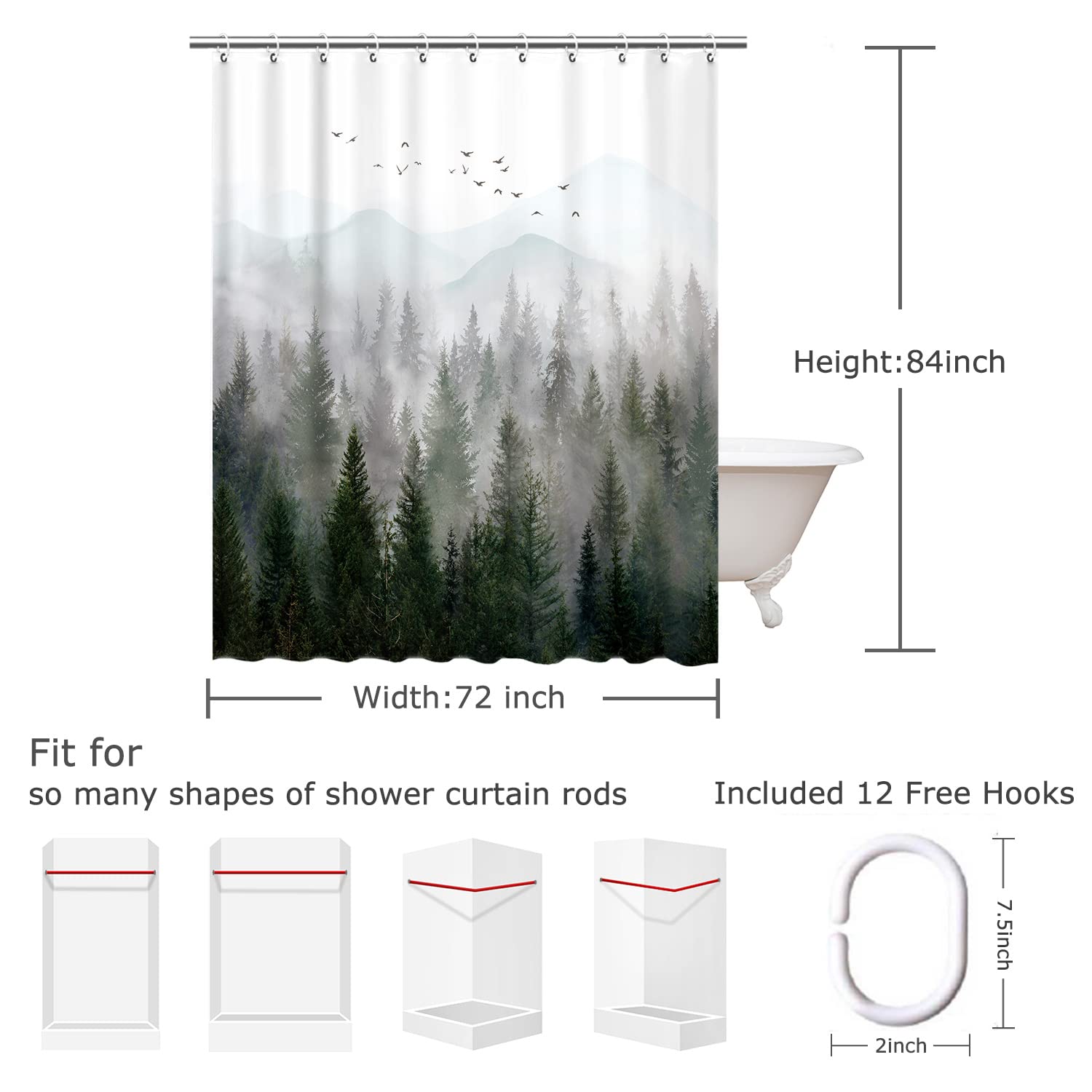 RosieLily Mountain Shower Curtain Misty Forest Tree Foggy Shower Curtain for Bathroom with Hooks Cool Nature Scenery Landscape Bathtub Decor 84 inch Design Art Shower Curtain Waterproof Fabric