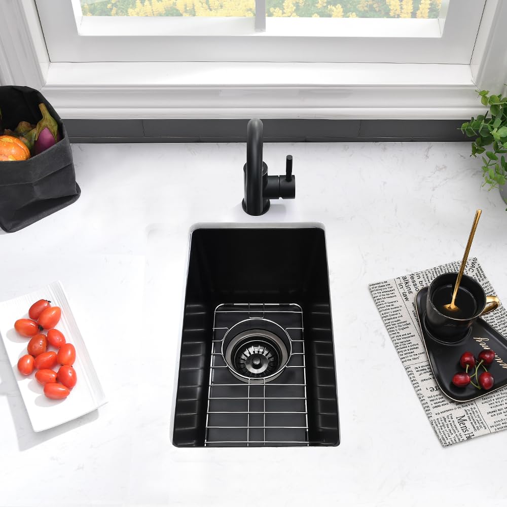 13 Inch Black Undermount Bar Sink-Vasoyo 13X15 Bar Sink Black Kitchen Sink Undermount Wet Bar Sink Single Bowl Quartz Sink Small