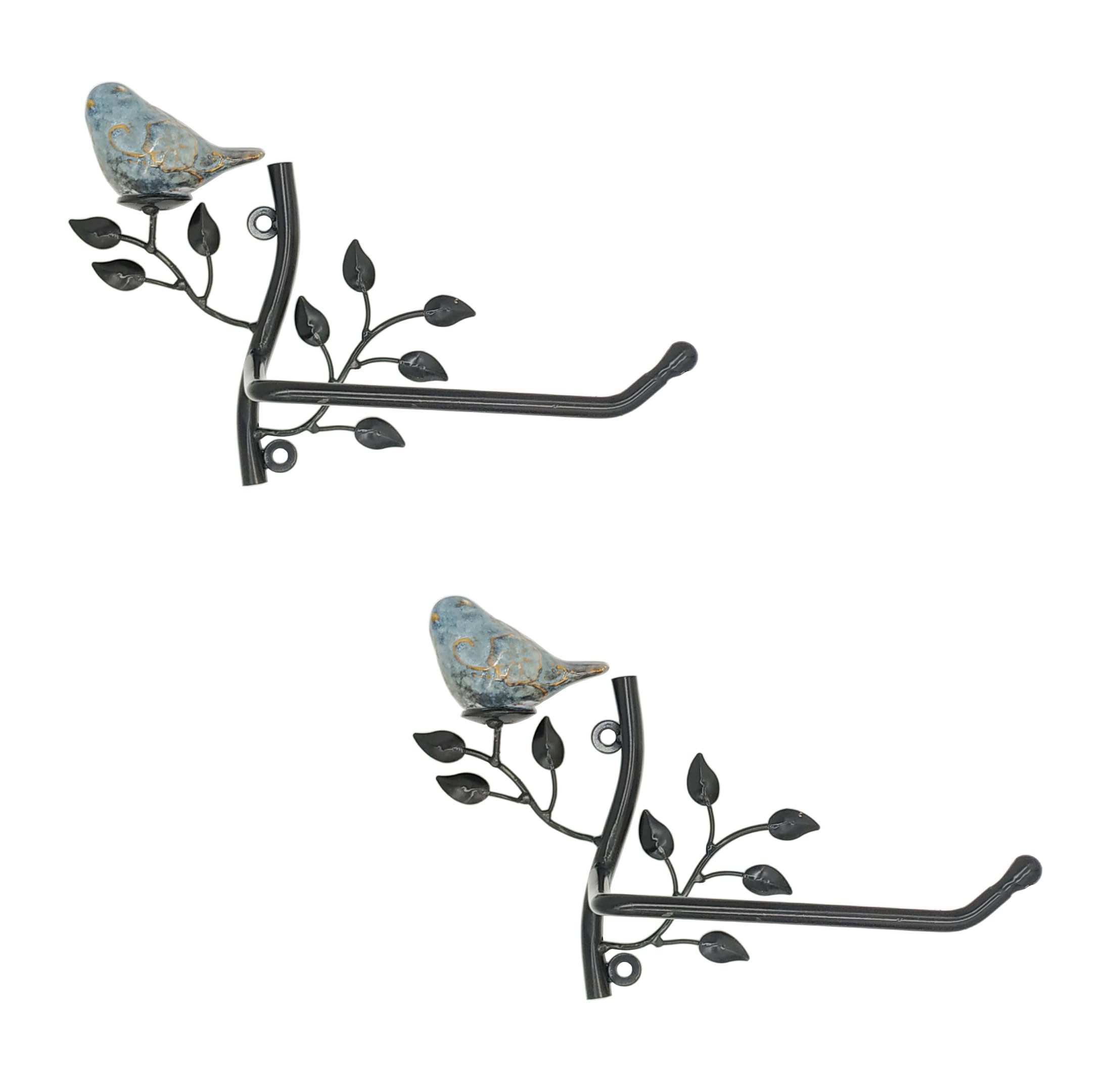 Owlgift Set Of 2 Wall Mounted Metal Toilet Tissue Holder W/Ceramic Bird, Roll Organizer For Bathroom - Black